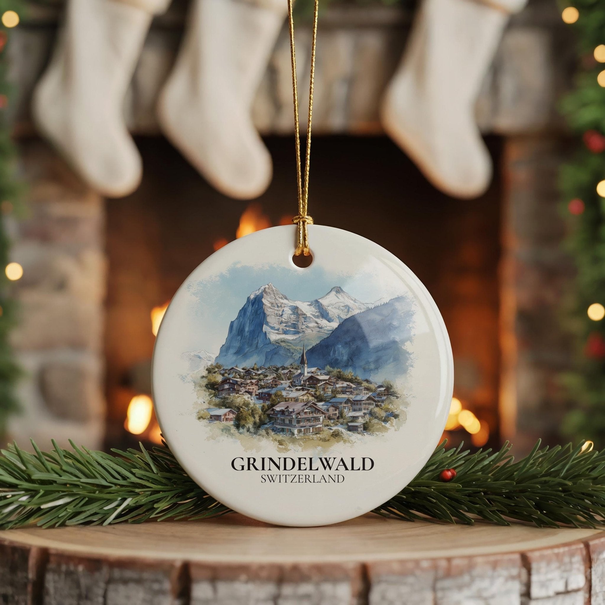Grindelwald Switzerland Personalized Watercolor Ornament, Custom Ceramic Christmas gift, Travel Keepsake - CuteBeePix
