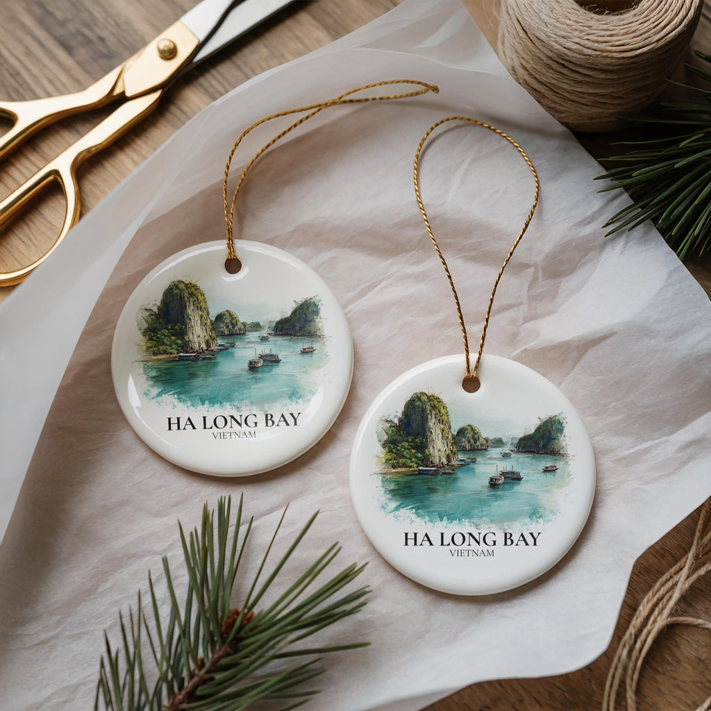 Ha Long Bay Vietnam Personalized Watercolor Ornament, Custom Ceramic Christmas gift, Travel Keepsake - CuteBeePix
