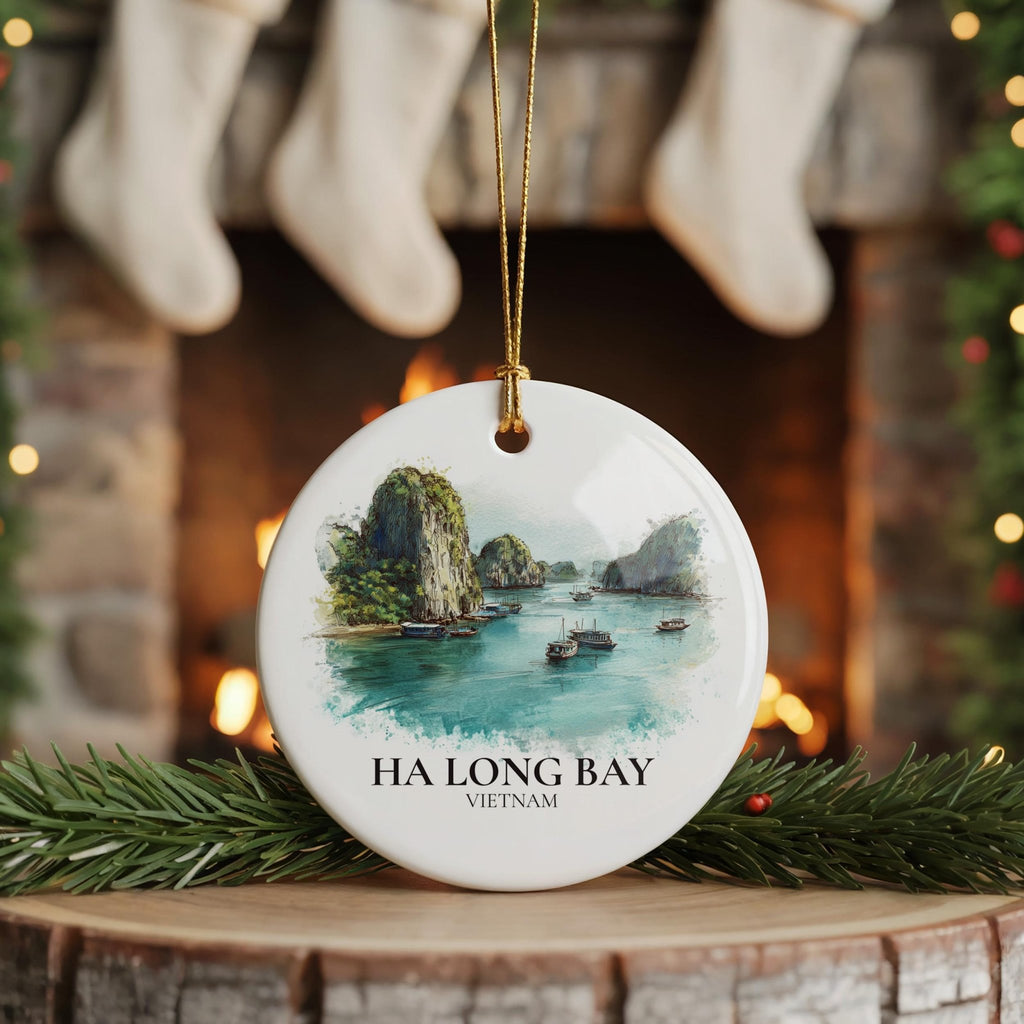 Ha Long Bay Vietnam Personalized Watercolor Ornament, Custom Ceramic Christmas gift, Travel Keepsake - CuteBeePix