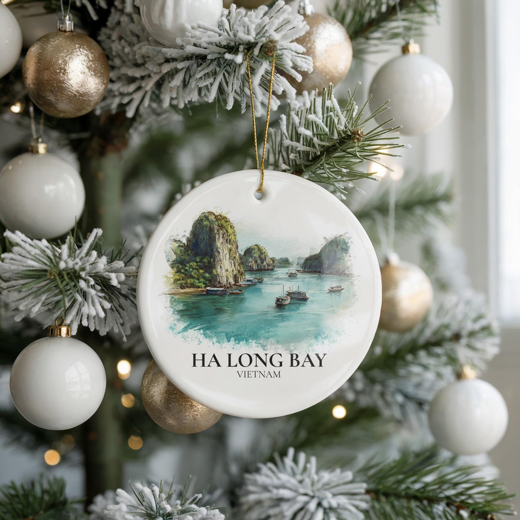 Ha Long Bay Vietnam Personalized Watercolor Ornament, Custom Ceramic Christmas gift, Travel Keepsake - CuteBeePix