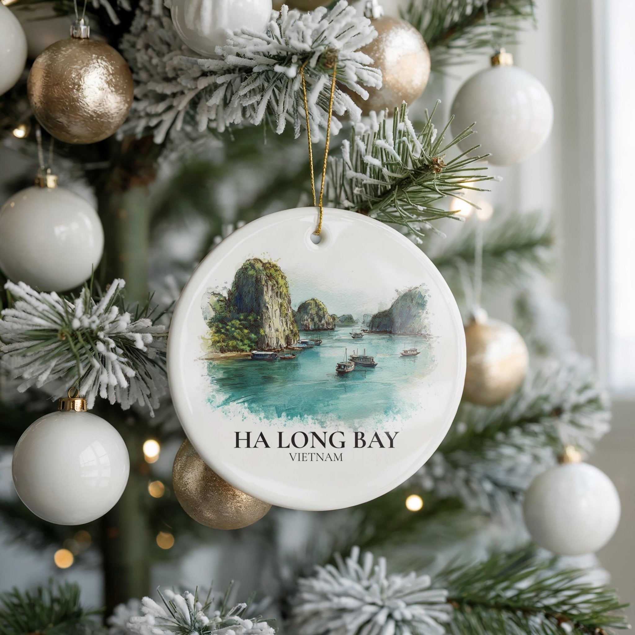 Ha Long Bay Vietnam Personalized Watercolor Ornament, Custom Ceramic Christmas gift, Travel Keepsake - CuteBeePix