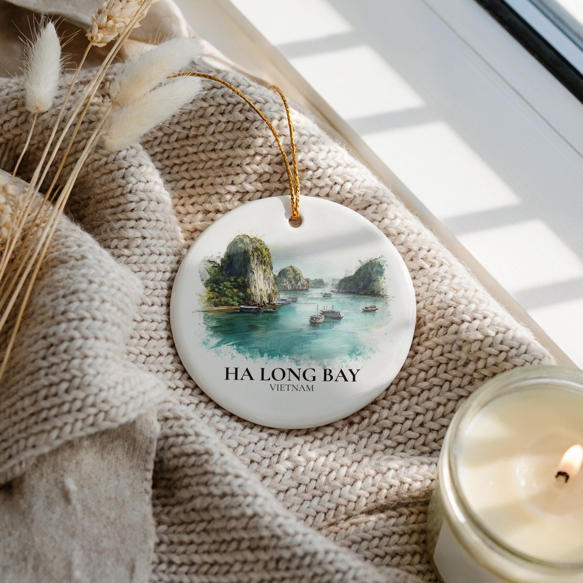 Ha Long Bay Vietnam Personalized Watercolor Ornament, Custom Ceramic Christmas gift, Travel Keepsake - CuteBeePix