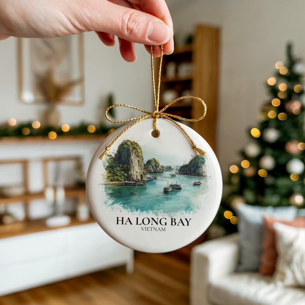 Ha Long Bay Vietnam Personalized Watercolor Ornament, Custom Ceramic Christmas gift, Travel Keepsake - CuteBeePix