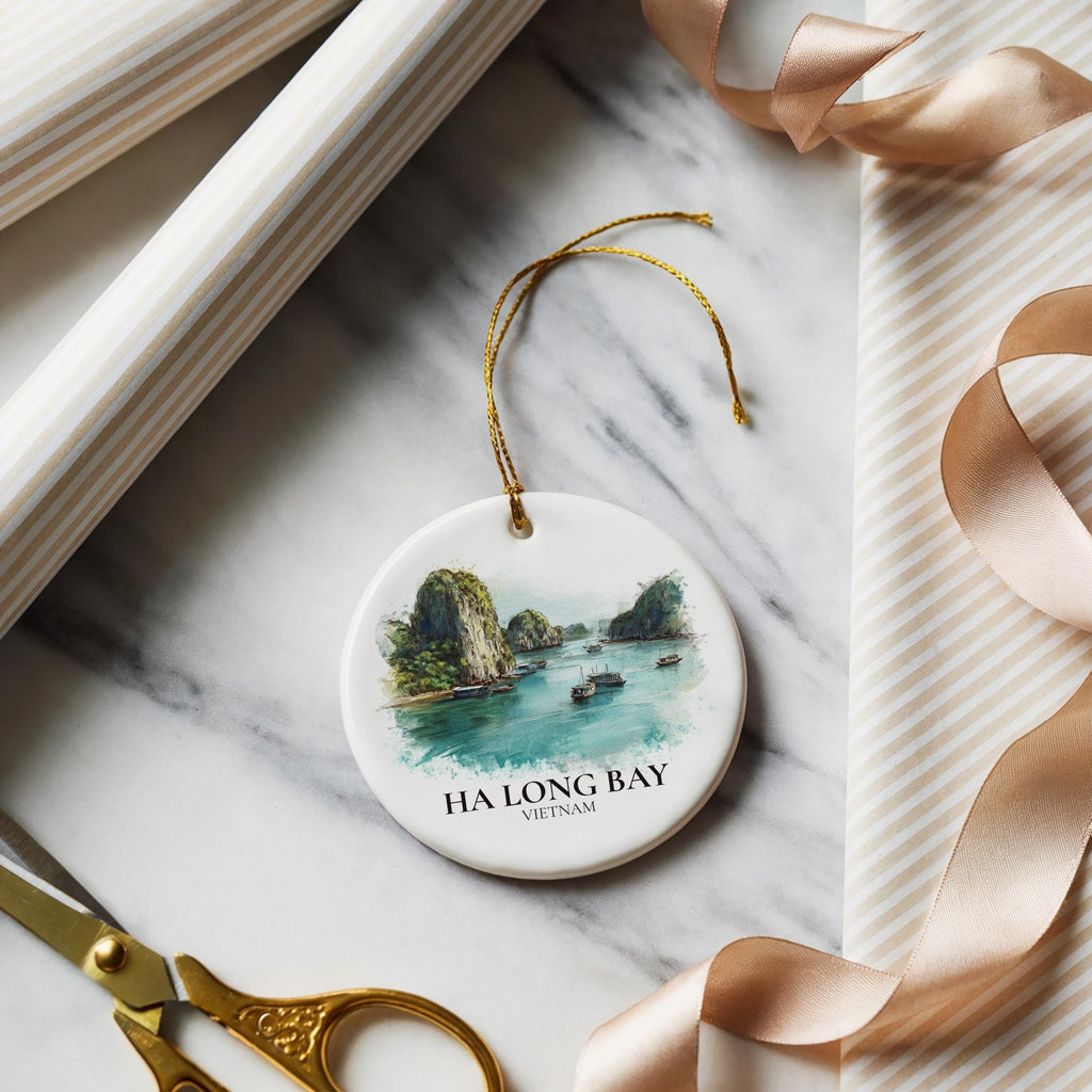 Ha Long Bay Vietnam Personalized Watercolor Ornament, Custom Ceramic Christmas gift, Travel Keepsake - CuteBeePix