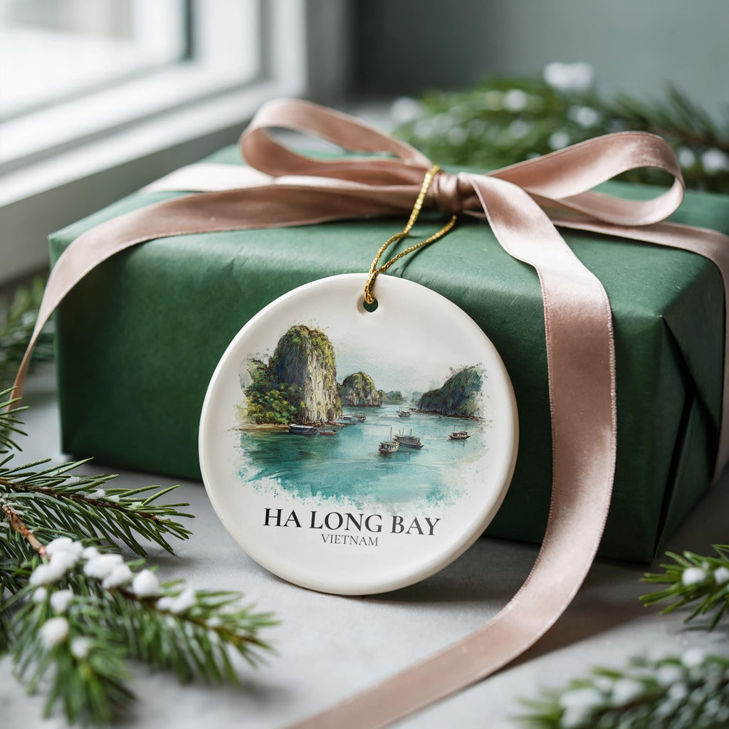 Ha Long Bay Vietnam Personalized Watercolor Ornament, Custom Ceramic Christmas gift, Travel Keepsake - CuteBeePix