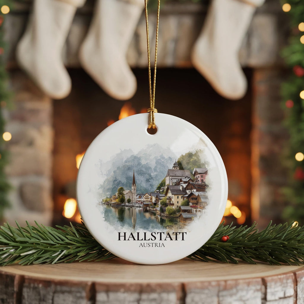 Hallstatt Austria Personalized Watercolor Ornament, Custom Ceramic Christmas gift, Travel Keepsake - CuteBeePix