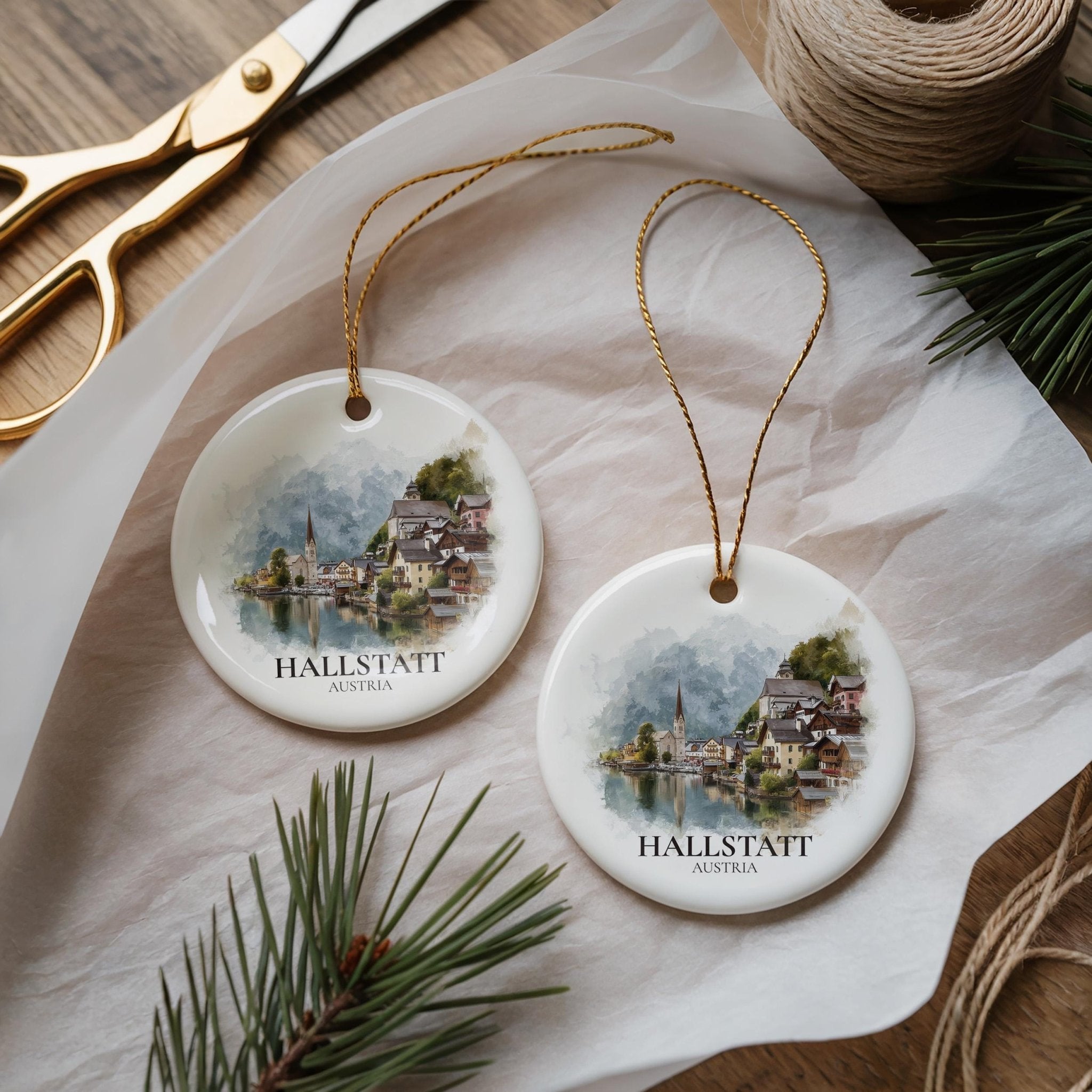 Hallstatt Austria Personalized Watercolor Ornament, Custom Ceramic Christmas gift, Travel Keepsake - CuteBeePix