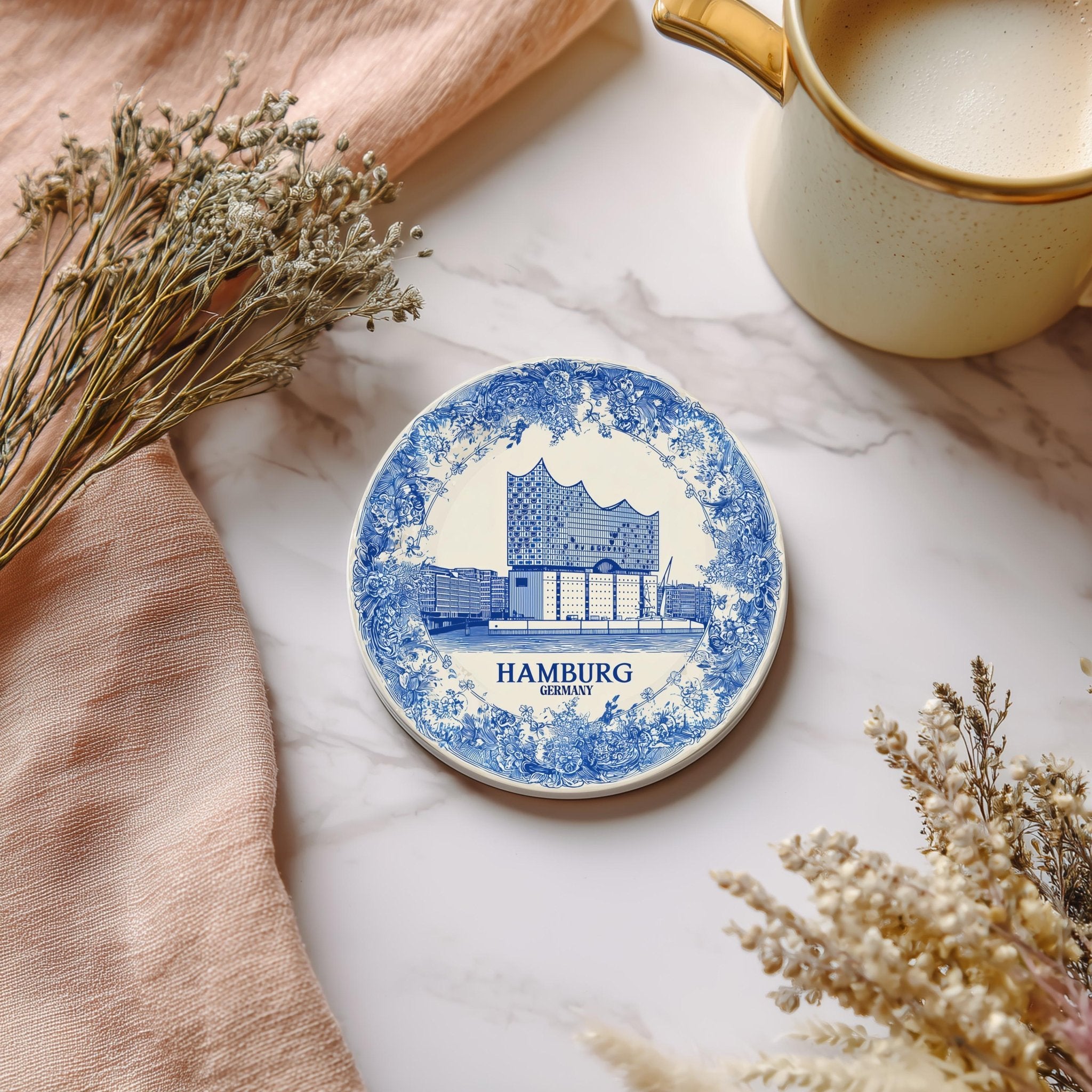 Hamburg Germany Delftware Ceramic Coaster, Blue White Travel Gift, Vintage Home Decor Collectible - CuteBeePix