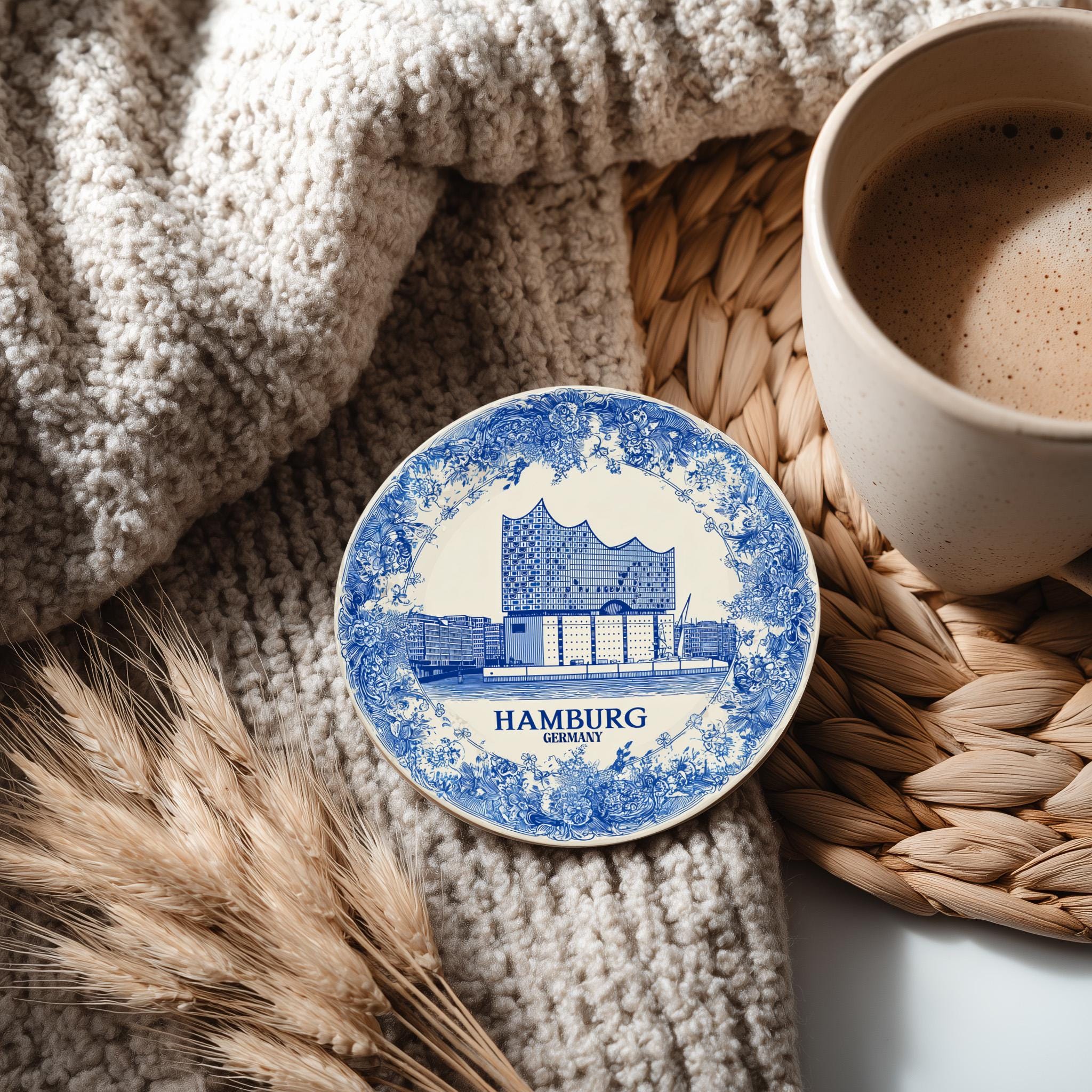 Hamburg Germany Delftware Ceramic Coaster, Blue White Travel Gift, Vintage Home Decor Collectible - CuteBeePix