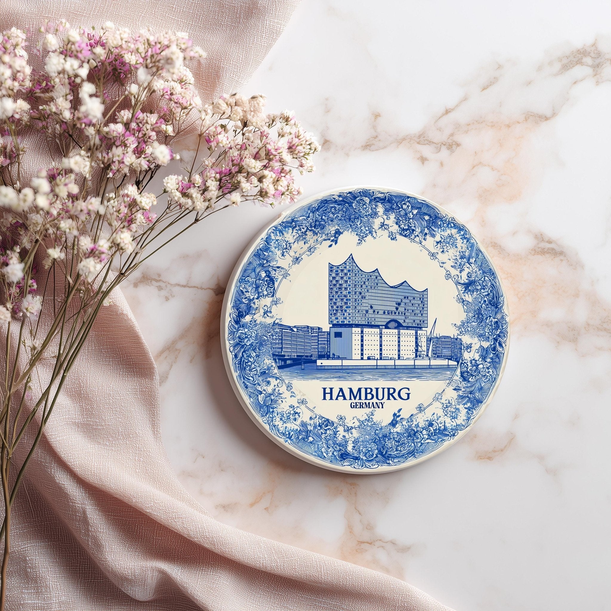 Hamburg Germany Delftware Ceramic Coaster, Blue White Travel Gift, Vintage Home Decor Collectible - CuteBeePix