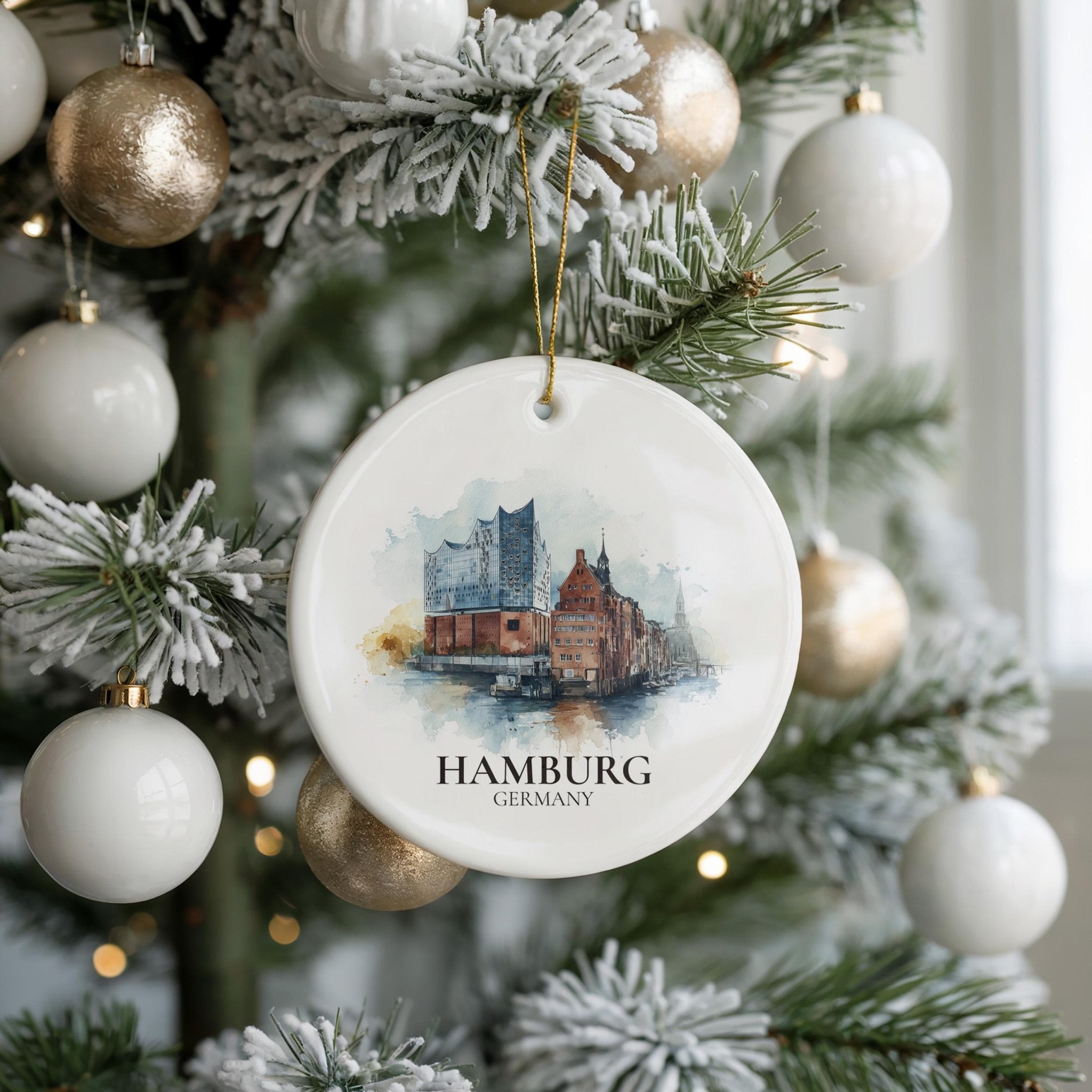 Hamburg Germany Personalized Watercolor Ornament, Custom Ceramic Christmas gift, Travel Keepsake - CuteBeePix