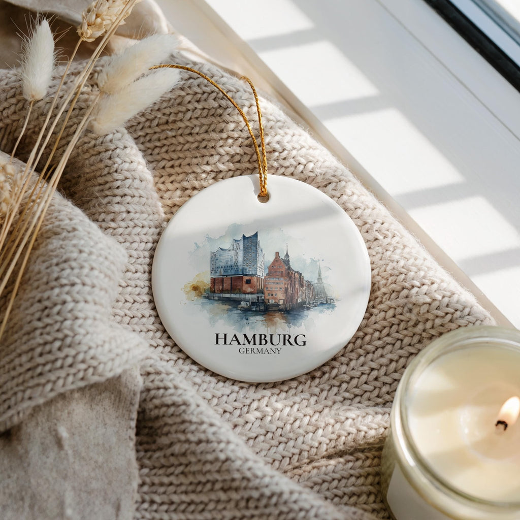 Hamburg Germany Personalized Watercolor Ornament, Custom Ceramic Christmas gift, Travel Keepsake - CuteBeePix