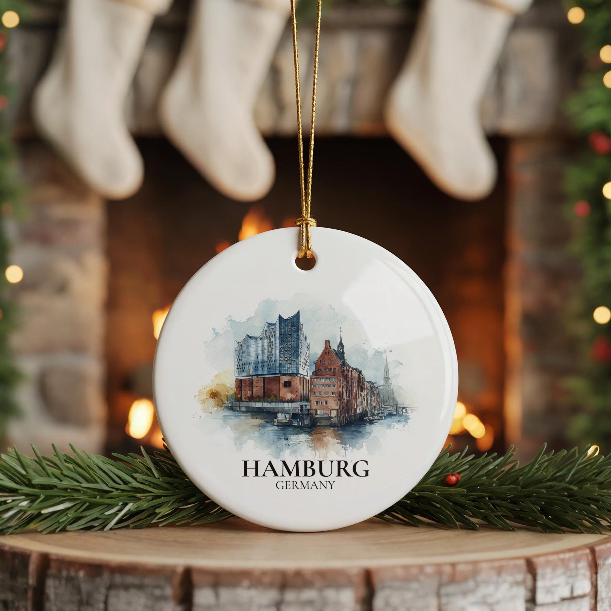 Hamburg Germany Personalized Watercolor Ornament, Custom Ceramic Christmas gift, Travel Keepsake - CuteBeePix