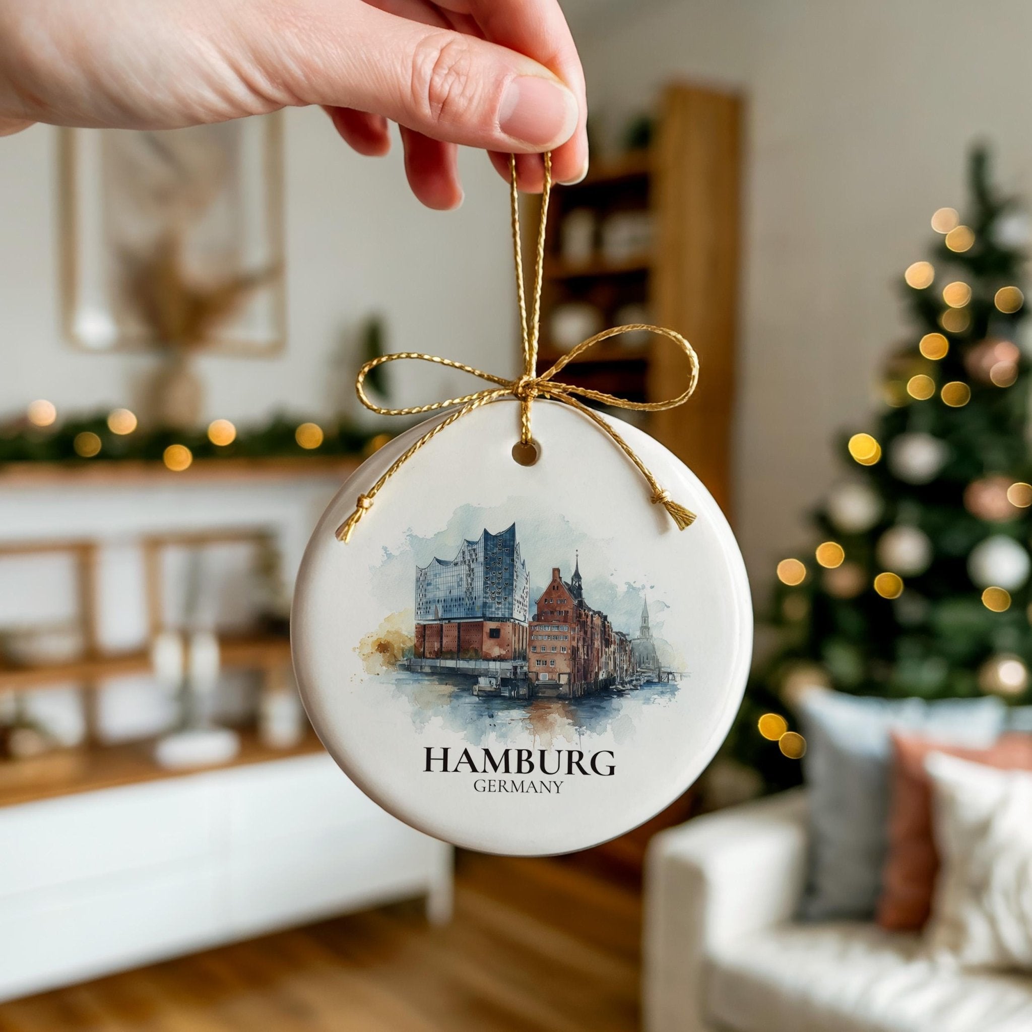Hamburg Germany Personalized Watercolor Ornament, Custom Ceramic Christmas gift, Travel Keepsake - CuteBeePix