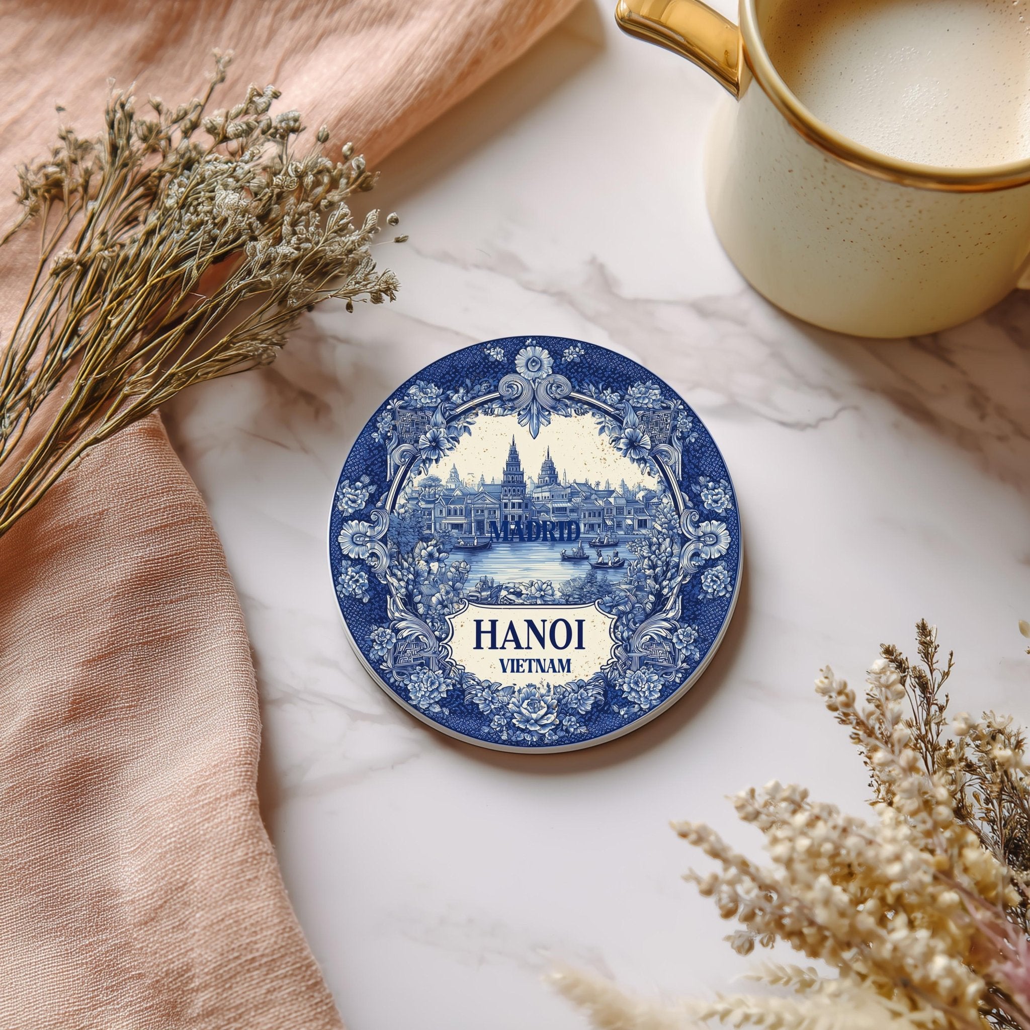 Hanoi Vietnam Delftware Ceramic Coaster, Blue White Travel Gift, Vintage Home Decor Collectible - CuteBeePix