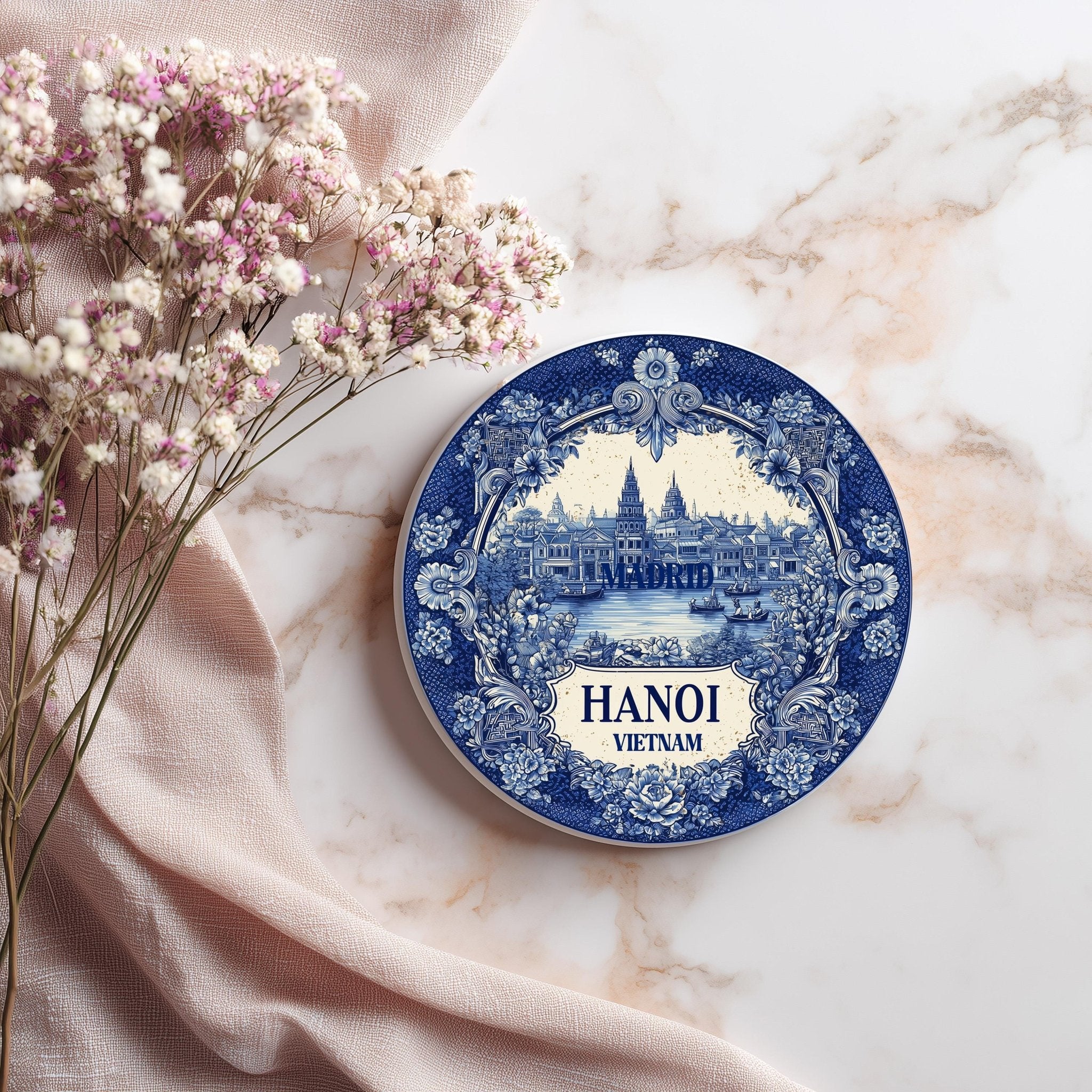 Hanoi Vietnam Delftware Ceramic Coaster, Blue White Travel Gift, Vintage Home Decor Collectible - CuteBeePix