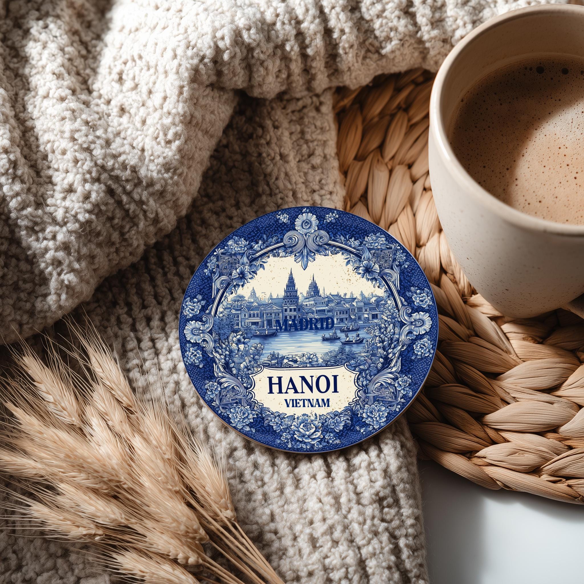 Hanoi Vietnam Delftware Ceramic Coaster, Blue White Travel Gift, Vintage Home Decor Collectible - CuteBeePix