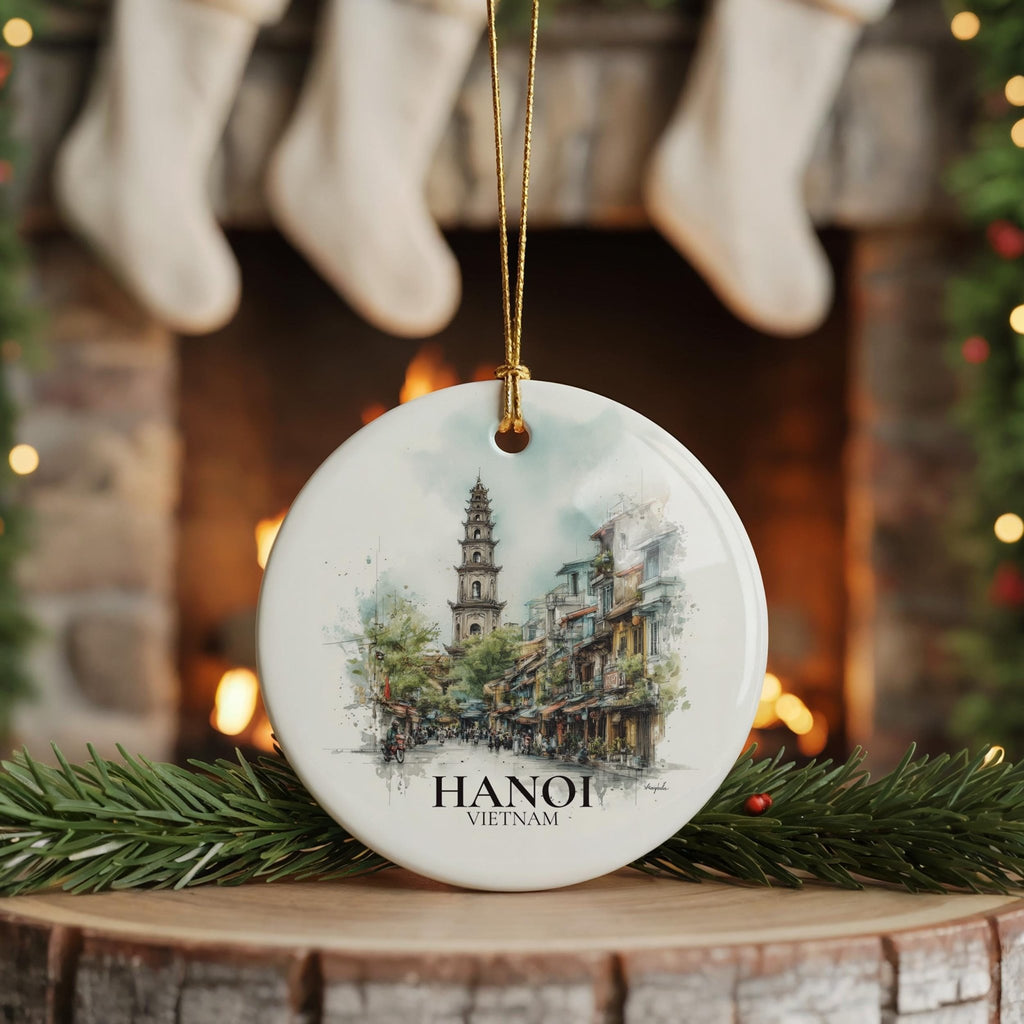 Hanoi Vietnam Personalized Watercolor Ornament, Custom Ceramic Christmas gift, Travel Keepsake - CuteBeePix