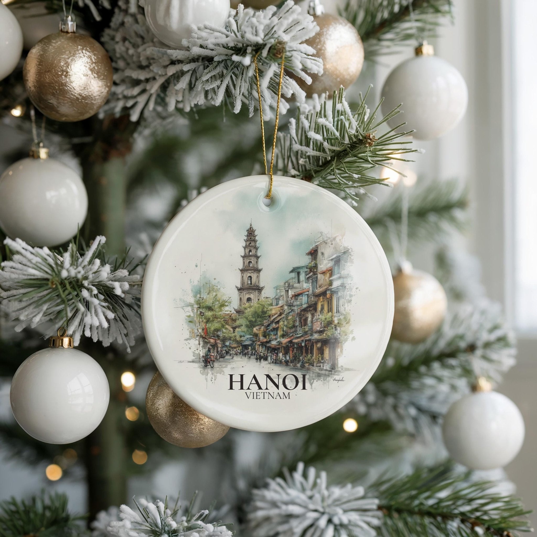 Hanoi Vietnam Personalized Watercolor Ornament, Custom Ceramic Christmas gift, Travel Keepsake - CuteBeePix