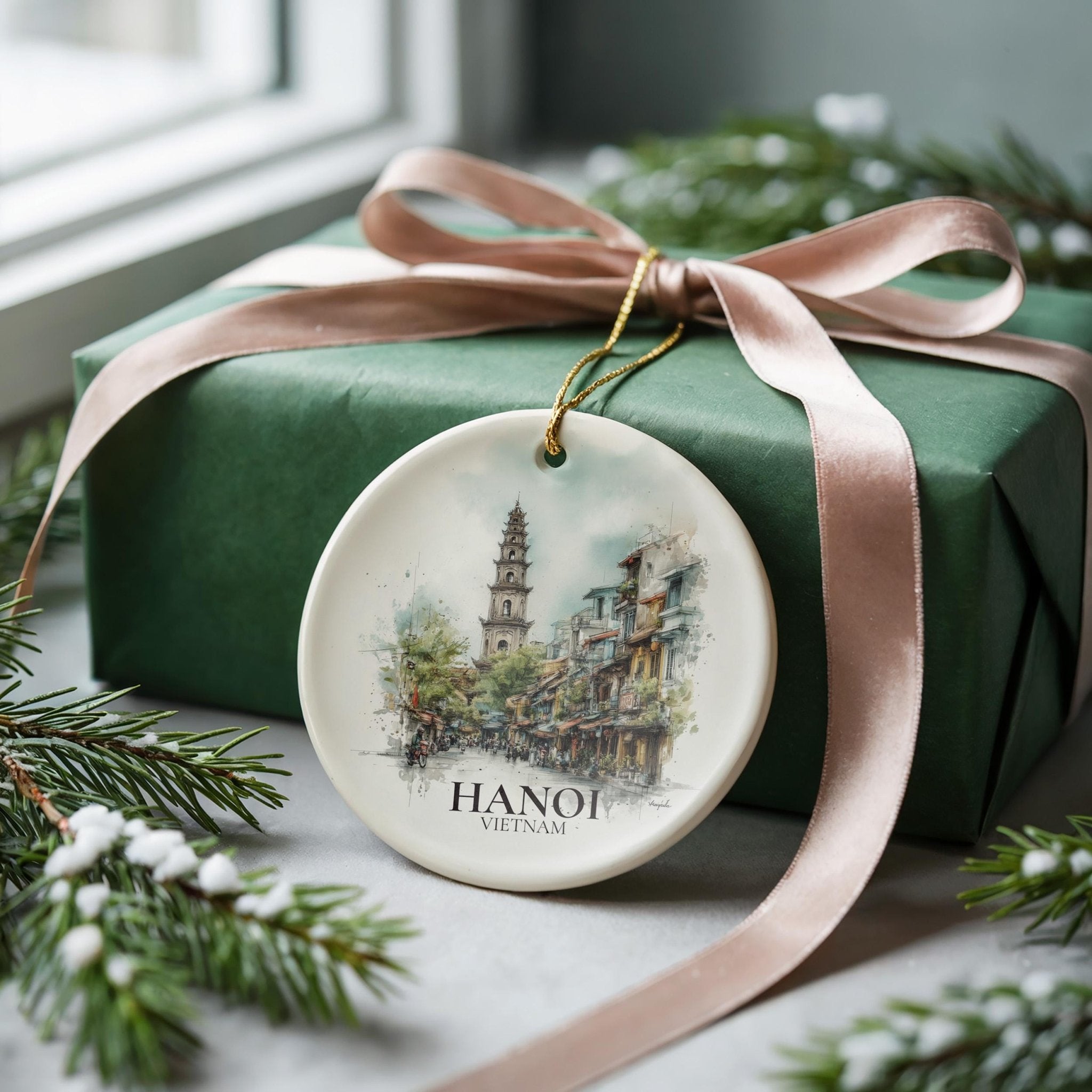 Hanoi Vietnam Personalized Watercolor Ornament, Custom Ceramic Christmas gift, Travel Keepsake - CuteBeePix