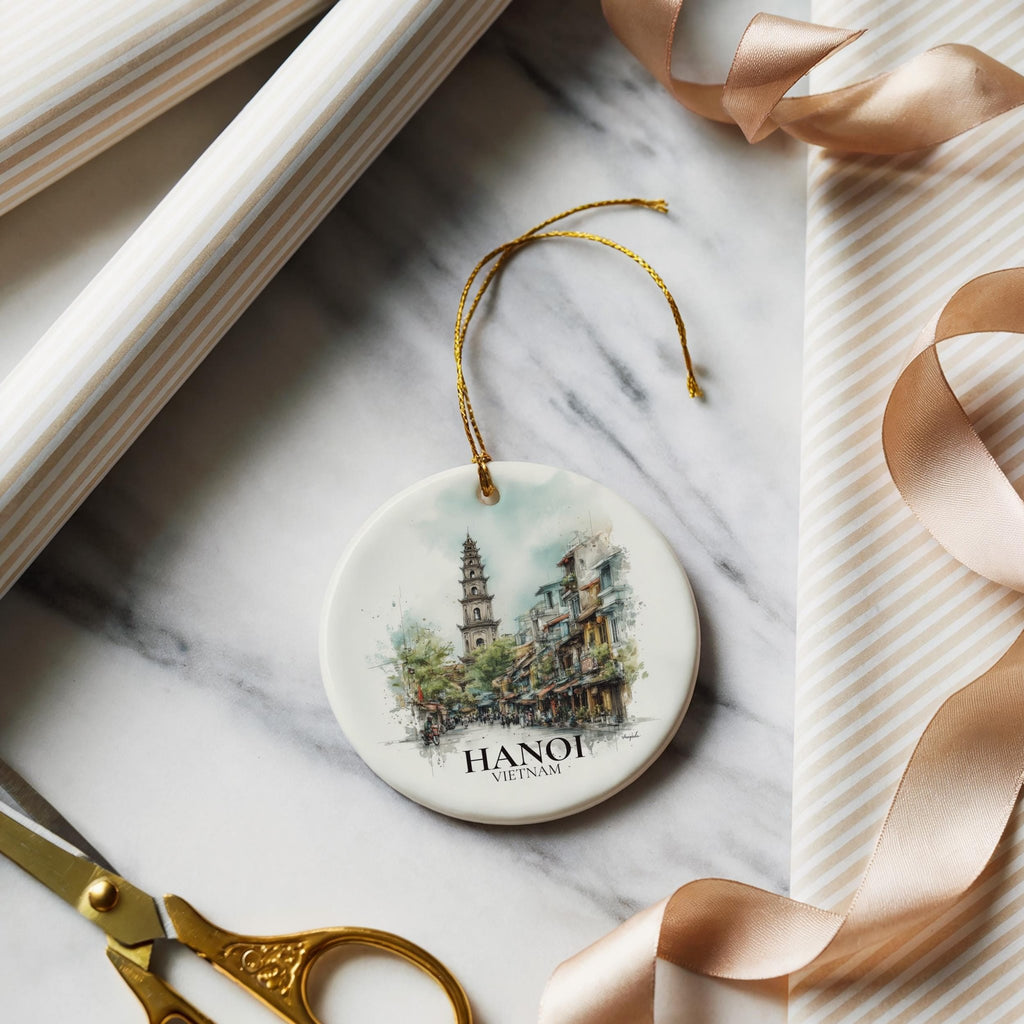 Hanoi Vietnam Personalized Watercolor Ornament, Custom Ceramic Christmas gift, Travel Keepsake - CuteBeePix