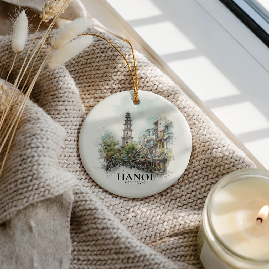 Hanoi Vietnam Personalized Watercolor Ornament, Custom Ceramic Christmas gift, Travel Keepsake - CuteBeePix