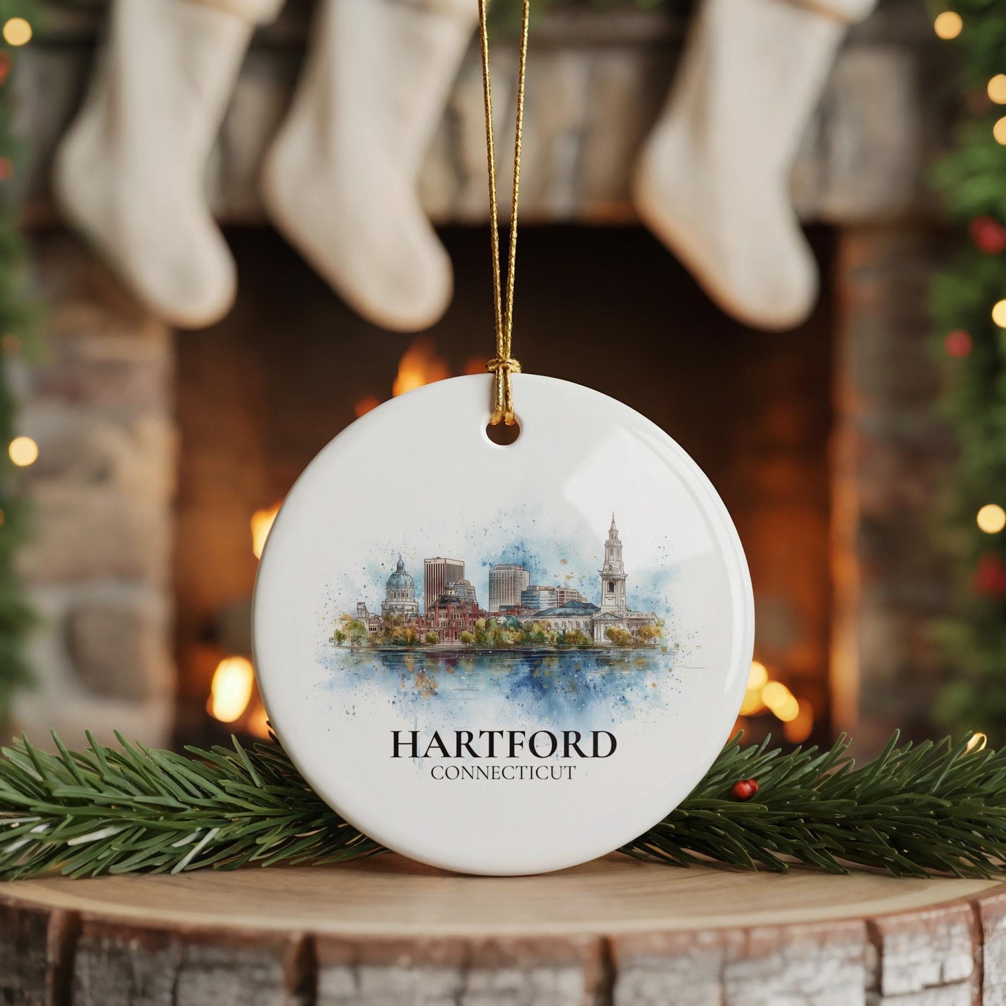 Hartford Connecticut Personalized Watercolor Ornament, Custom Ceramic Christmas gift, Travel Keepsake - CuteBeePix