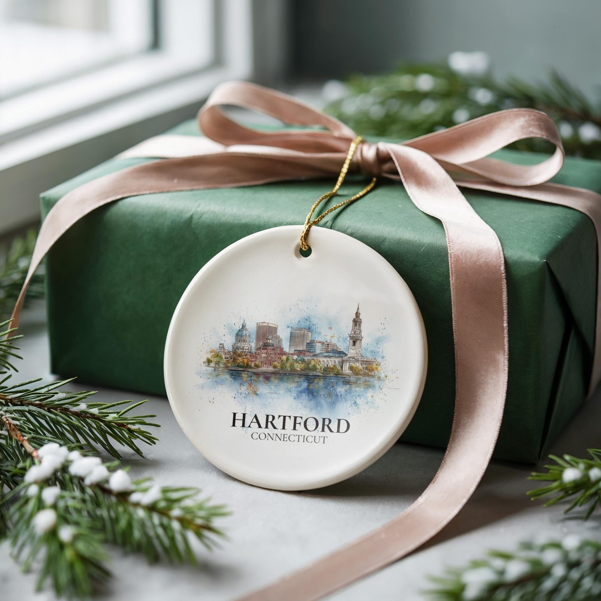 Hartford Connecticut Personalized Watercolor Ornament, Custom Ceramic Christmas gift, Travel Keepsake - CuteBeePix
