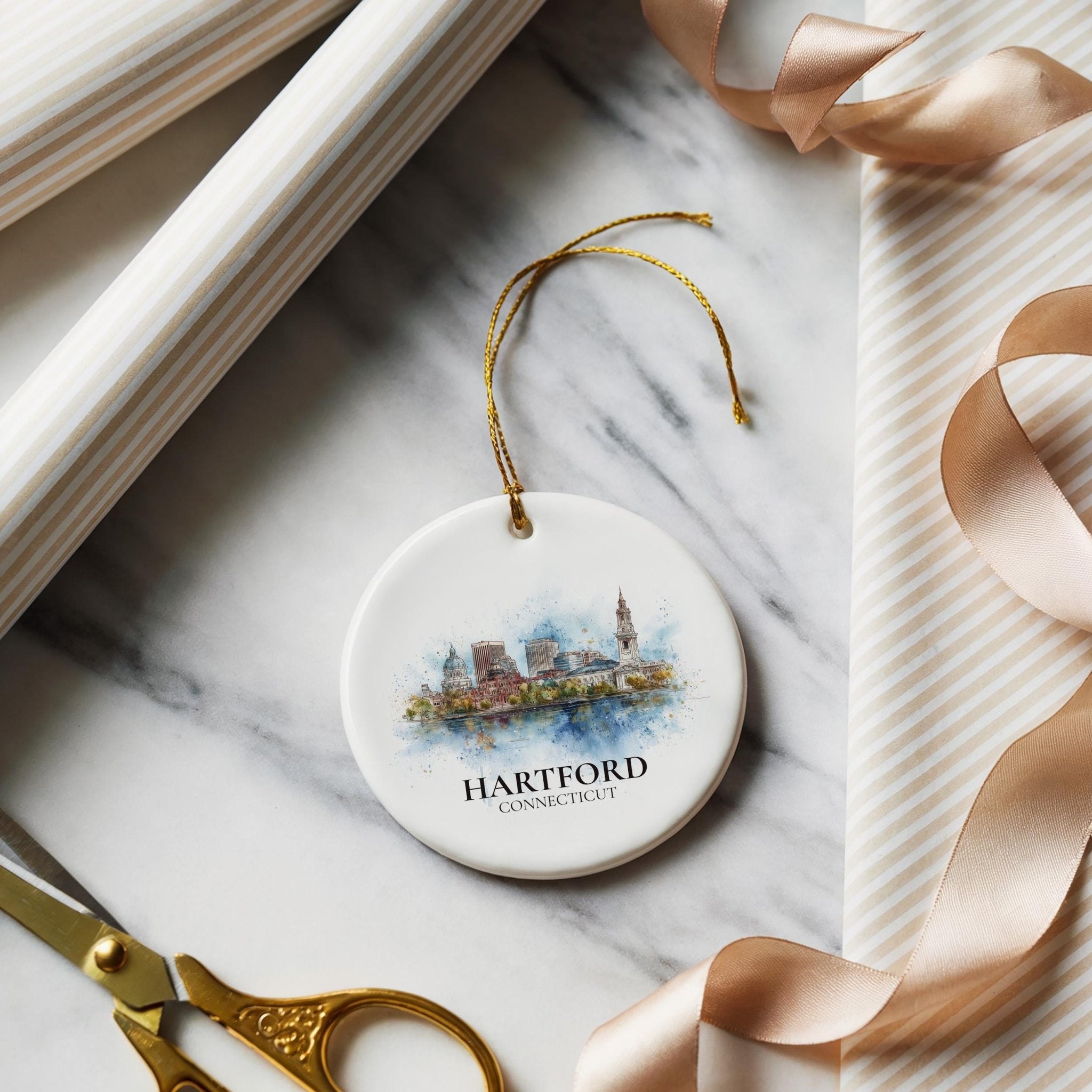 Hartford Connecticut Personalized Watercolor Ornament, Custom Ceramic Christmas gift, Travel Keepsake - CuteBeePix