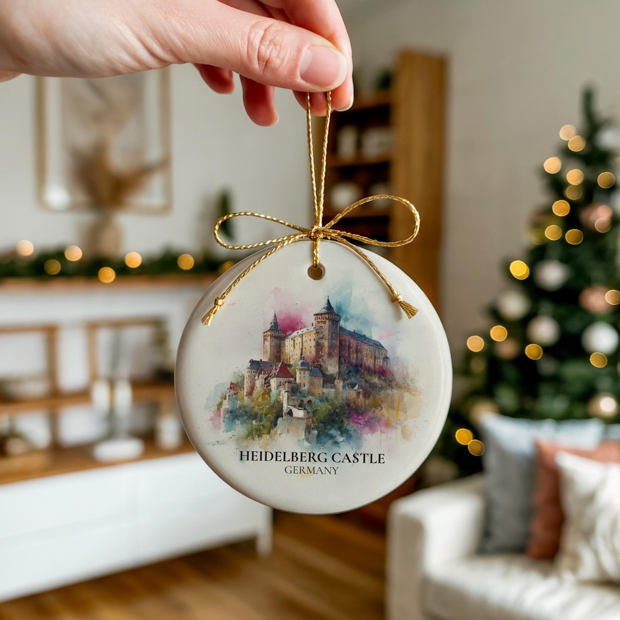 Heidelberg Castle Germany Personalized Watercolor Ornament, Custom Ceramic Christmas gift, Travel Keepsake - CuteBeePix