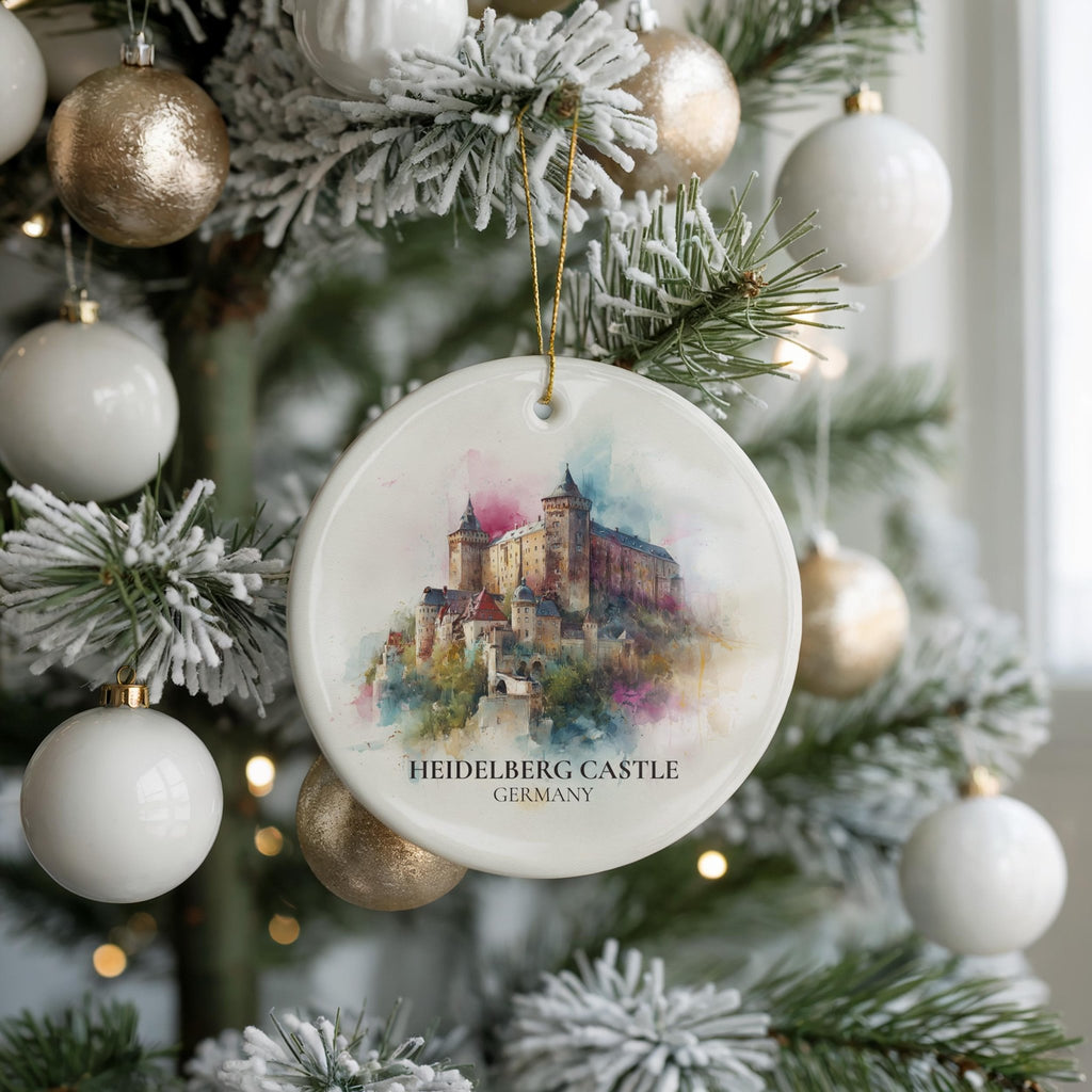 Heidelberg Castle Germany Personalized Watercolor Ornament, Custom Ceramic Christmas gift, Travel Keepsake - CuteBeePix