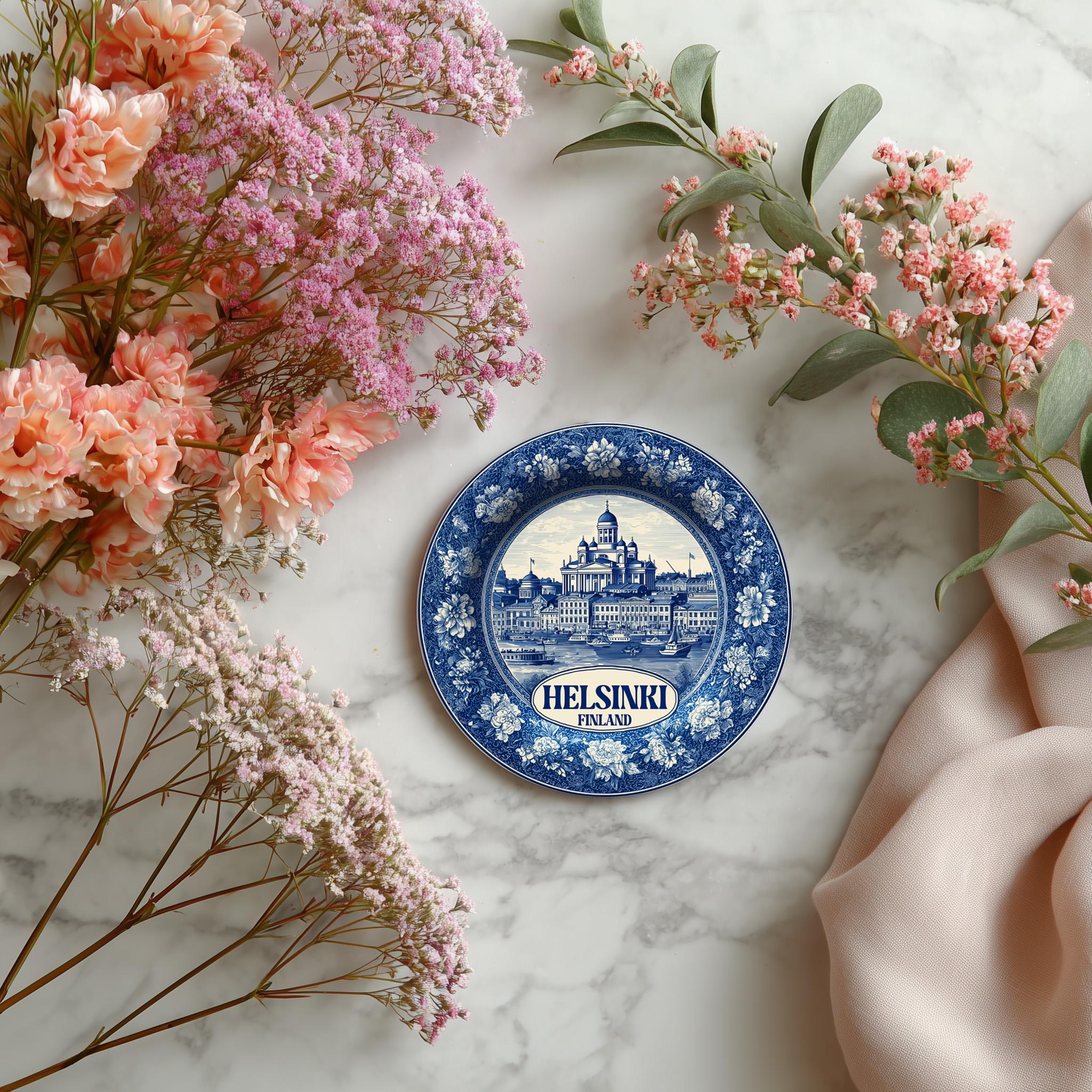 Helsinki Finland Delftware Ceramic Coaster, Blue White Travel Gift, Vintage Home Decor Collectible - CuteBeePix