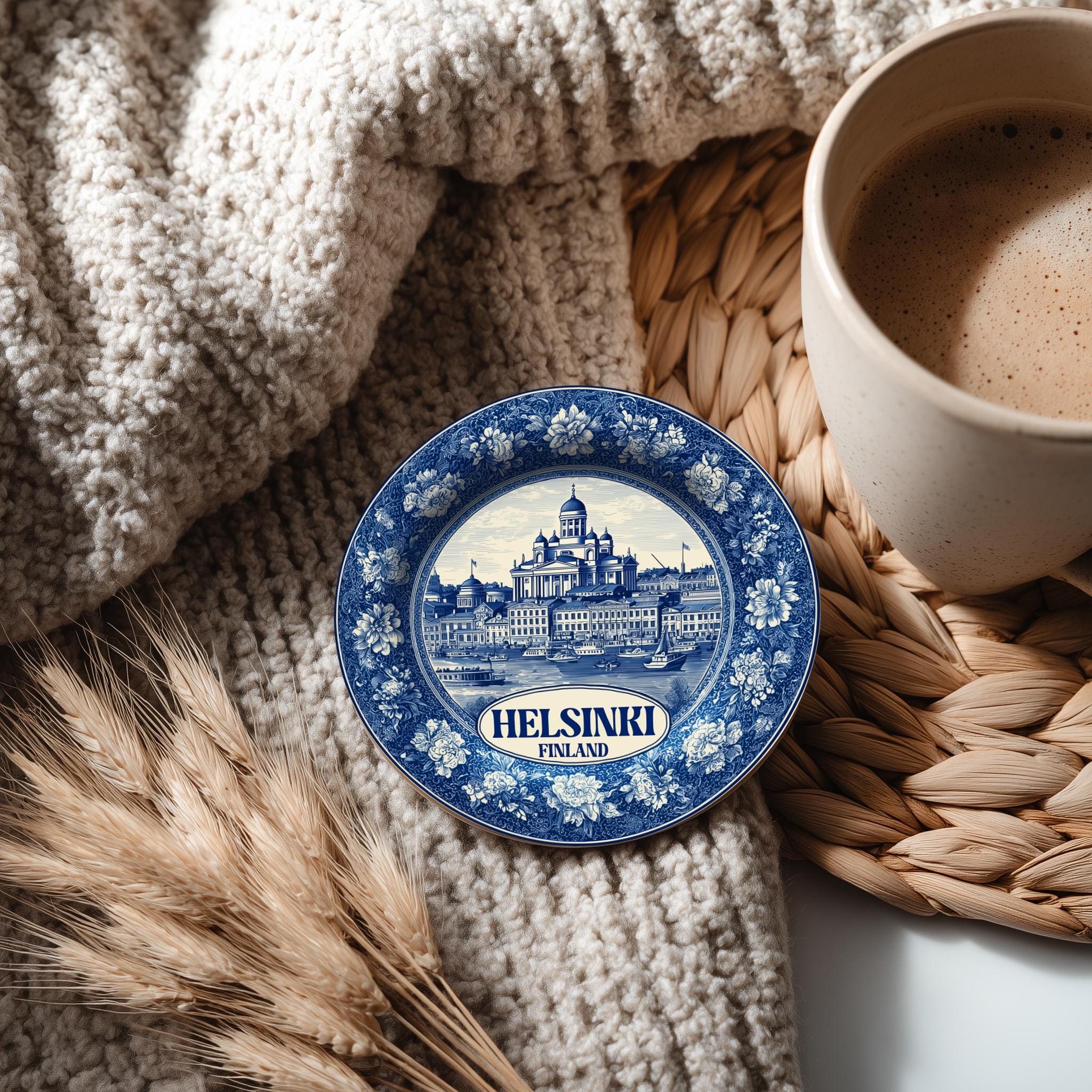 Helsinki Finland Delftware Ceramic Coaster, Blue White Travel Gift, Vintage Home Decor Collectible - CuteBeePix