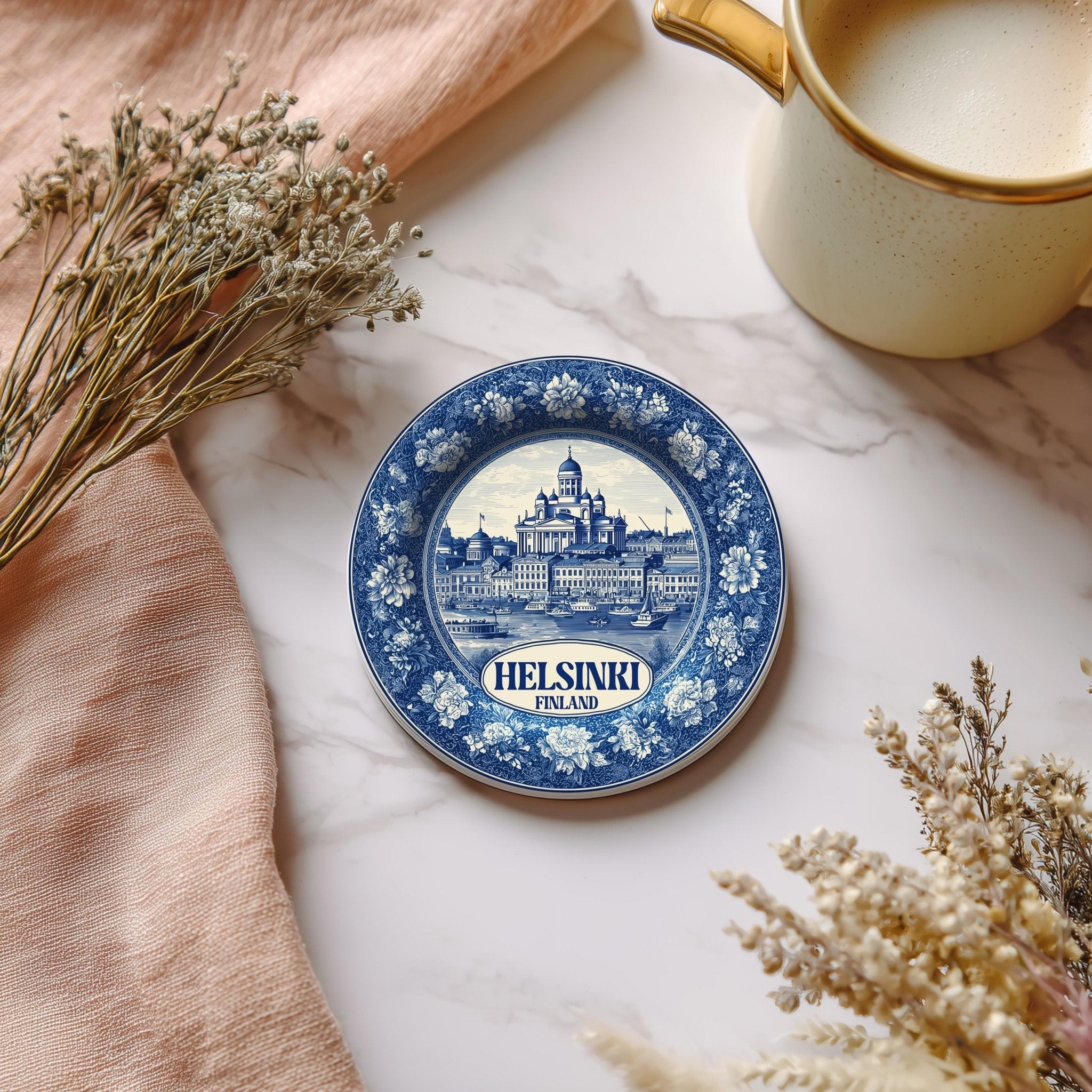 Helsinki Finland Delftware Ceramic Coaster, Blue White Travel Gift, Vintage Home Decor Collectible - CuteBeePix
