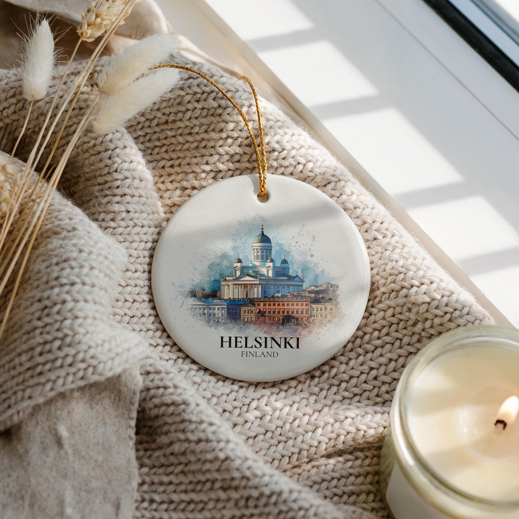 Helsinki Finland Personalized Watercolor Ornament, Custom Ceramic Christmas gift, Travel Keepsake - CuteBeePix
