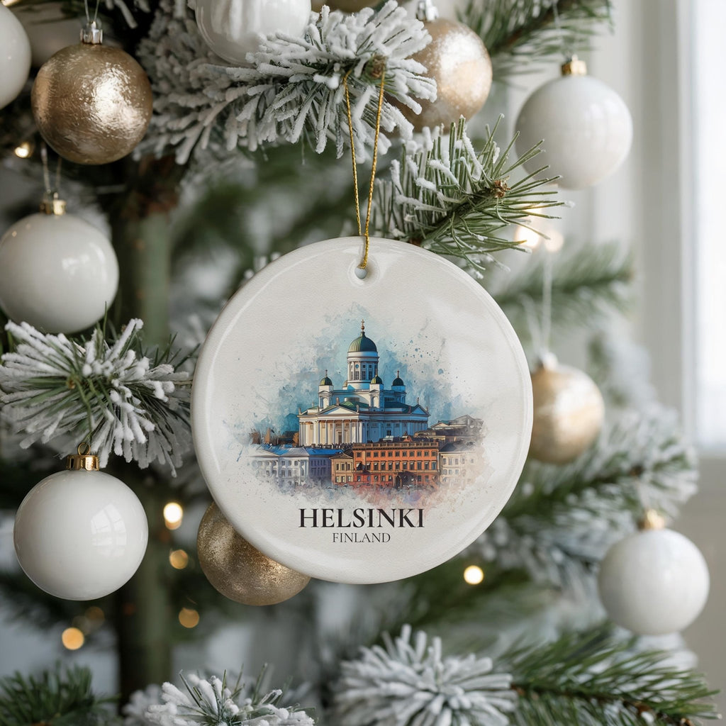 Helsinki Finland Personalized Watercolor Ornament, Custom Ceramic Christmas gift, Travel Keepsake - CuteBeePix
