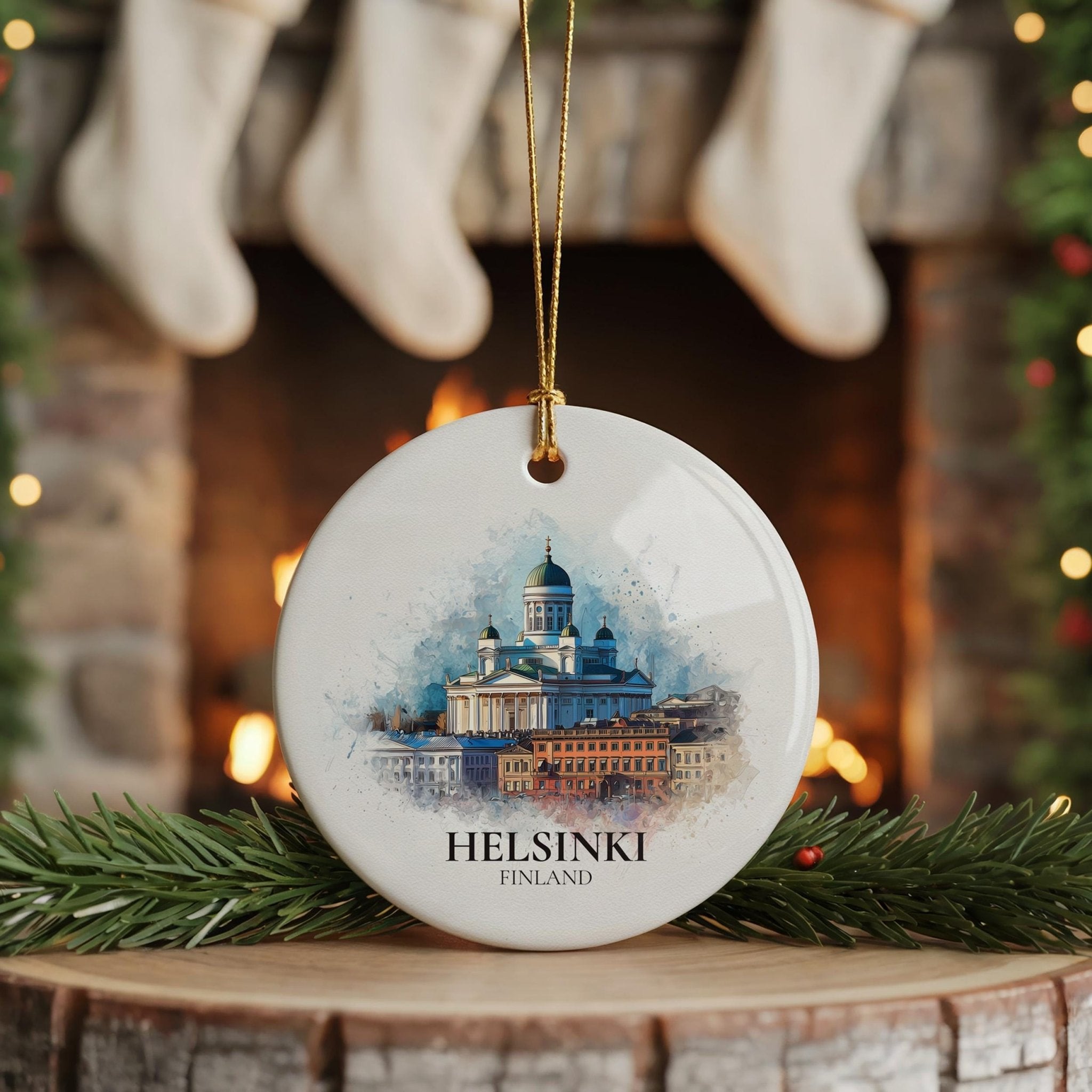 Helsinki Finland Personalized Watercolor Ornament, Custom Ceramic Christmas gift, Travel Keepsake - CuteBeePix