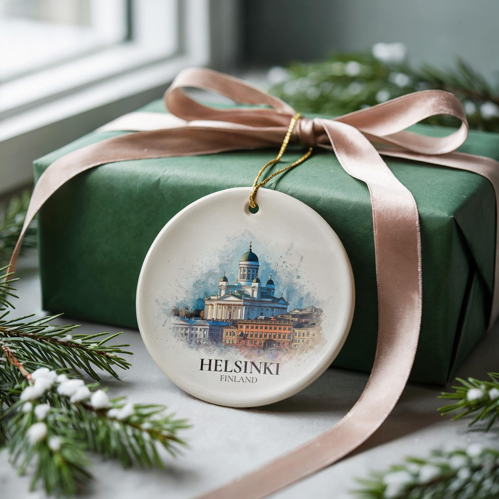 Helsinki Finland Personalized Watercolor Ornament, Custom Ceramic Christmas gift, Travel Keepsake - CuteBeePix