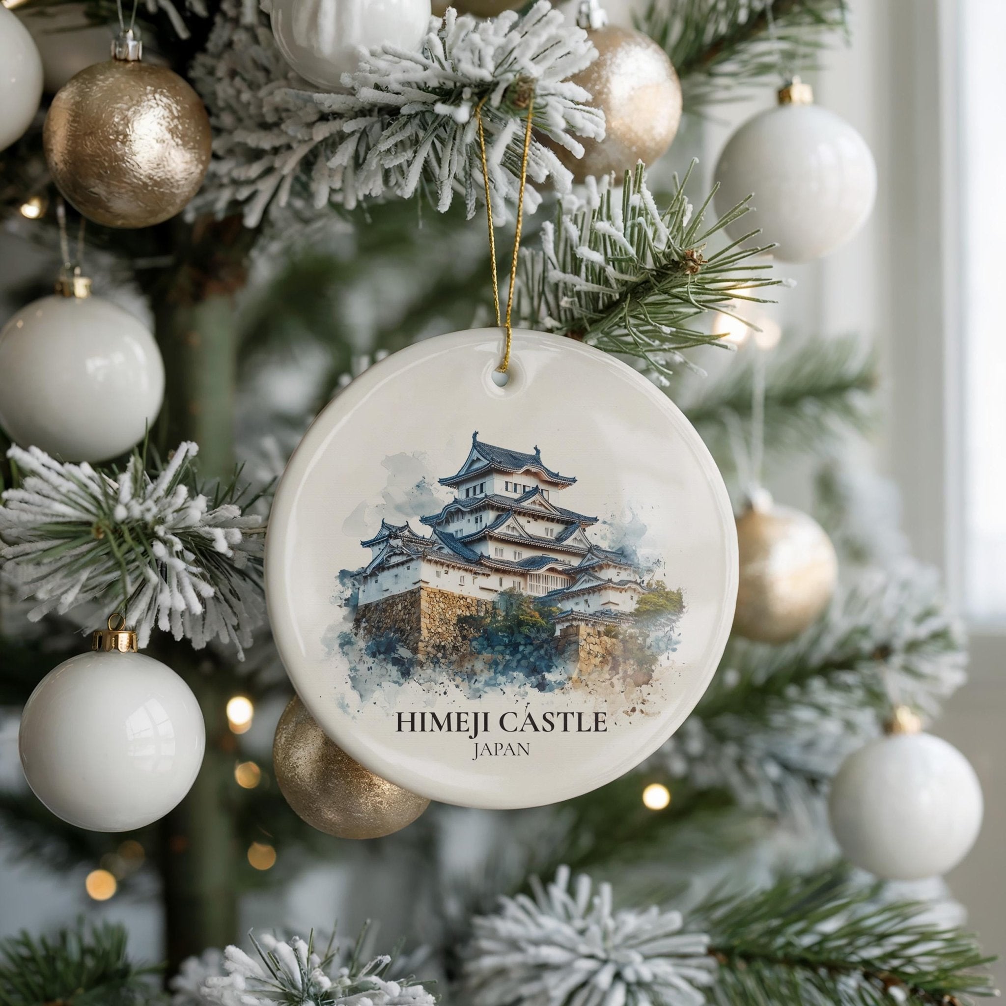 Himeji Castle Japan Personalized Watercolor Ornament, Custom Ceramic Christmas gift, Travel Keepsake - CuteBeePix