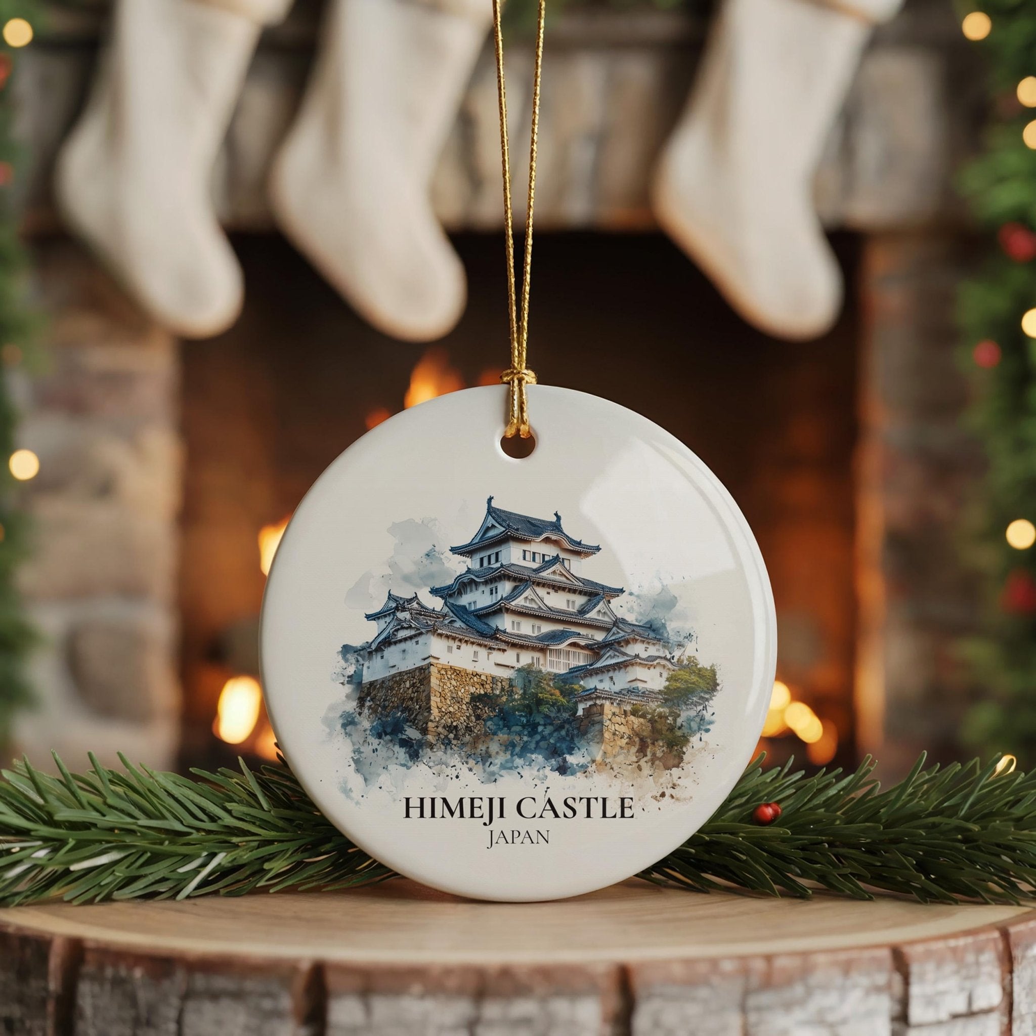 Himeji Castle Japan Personalized Watercolor Ornament, Custom Ceramic Christmas gift, Travel Keepsake - CuteBeePix