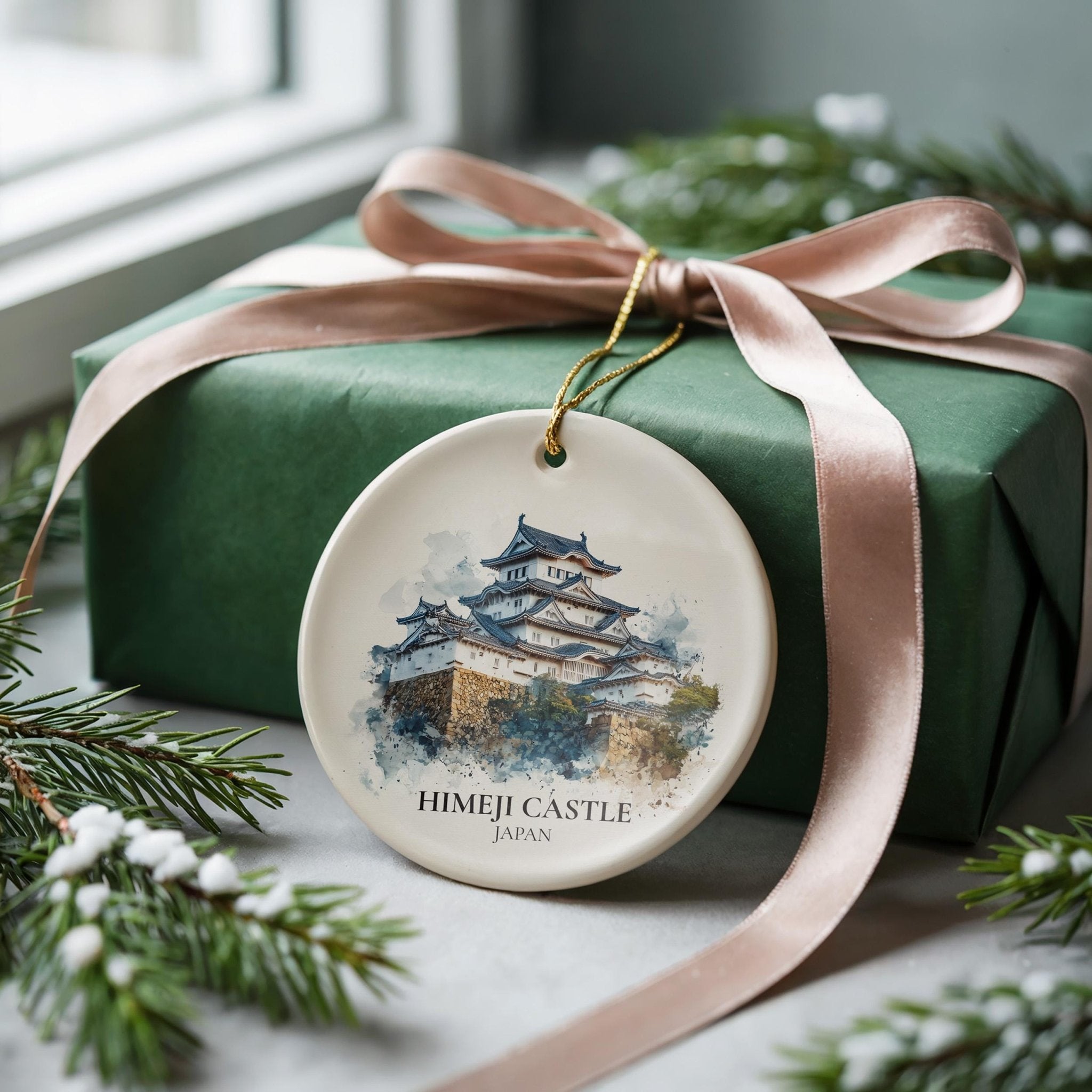 Himeji Castle Japan Personalized Watercolor Ornament, Custom Ceramic Christmas gift, Travel Keepsake - CuteBeePix