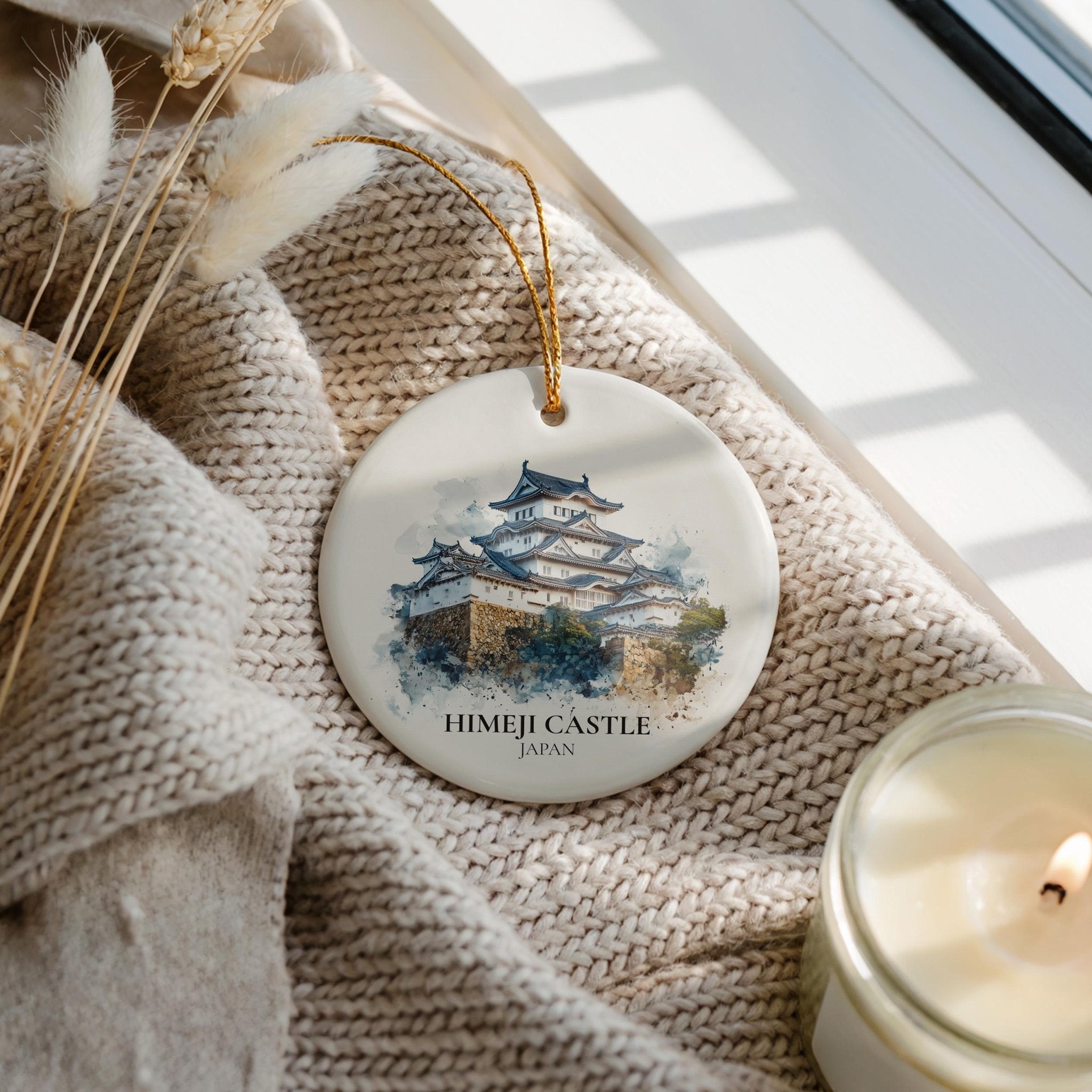 Himeji Castle Japan Personalized Watercolor Ornament, Custom Ceramic Christmas gift, Travel Keepsake - CuteBeePix