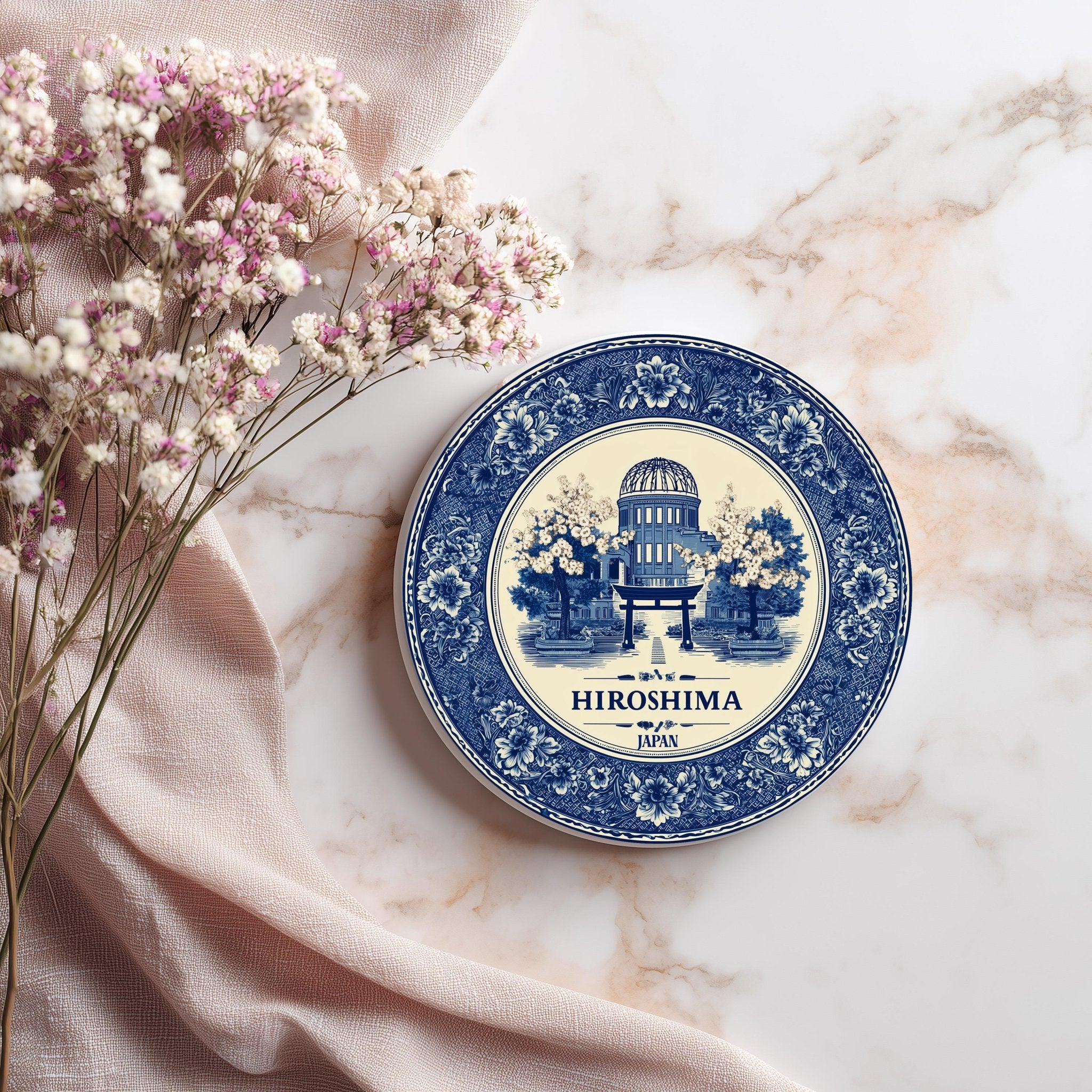 Hiroshima Japan Delftware Ceramic Coaster, Blue White Travel Gift, Vintage Home Decor Collectible - CuteBeePix