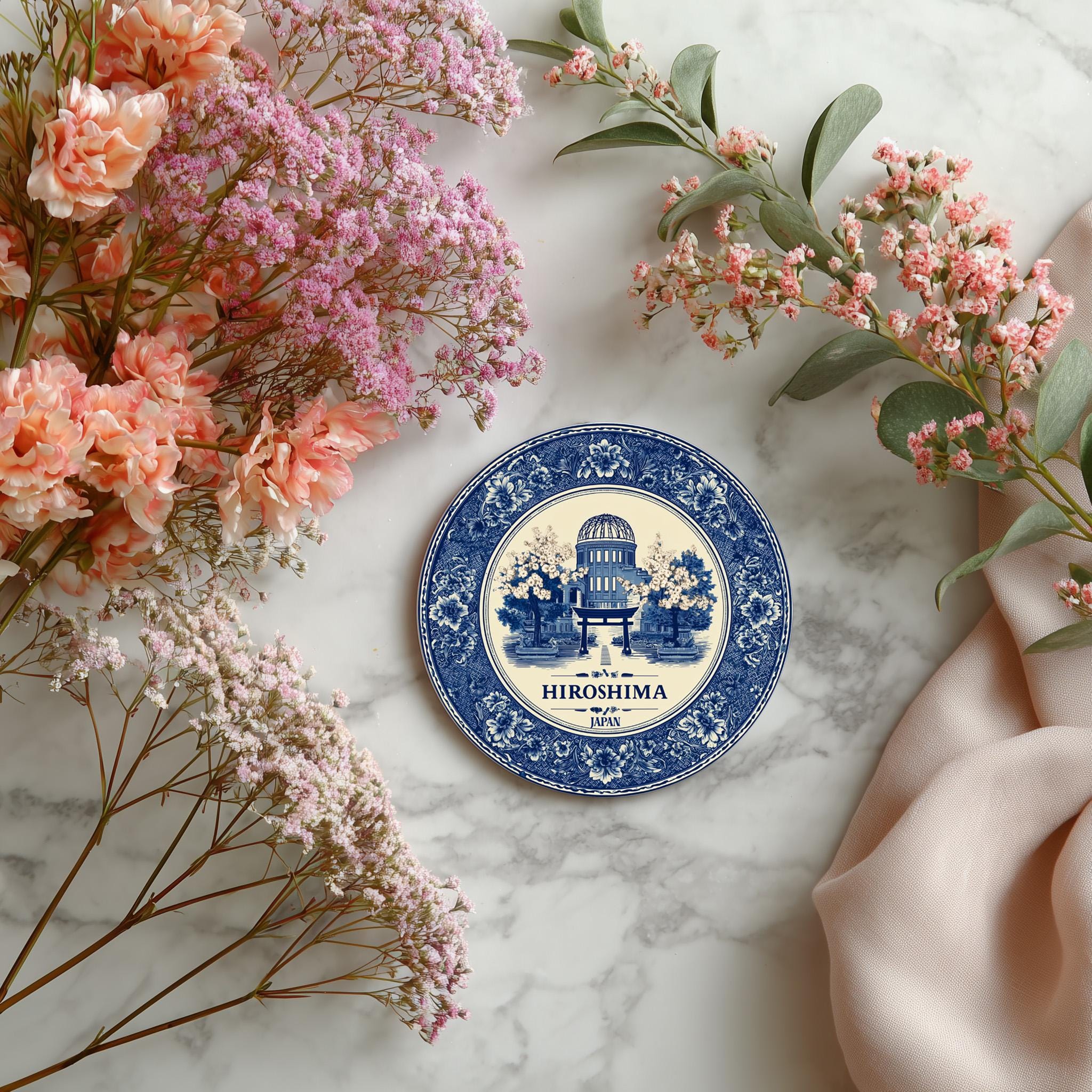 Hiroshima Japan Delftware Ceramic Coaster, Blue White Travel Gift, Vintage Home Decor Collectible - CuteBeePix