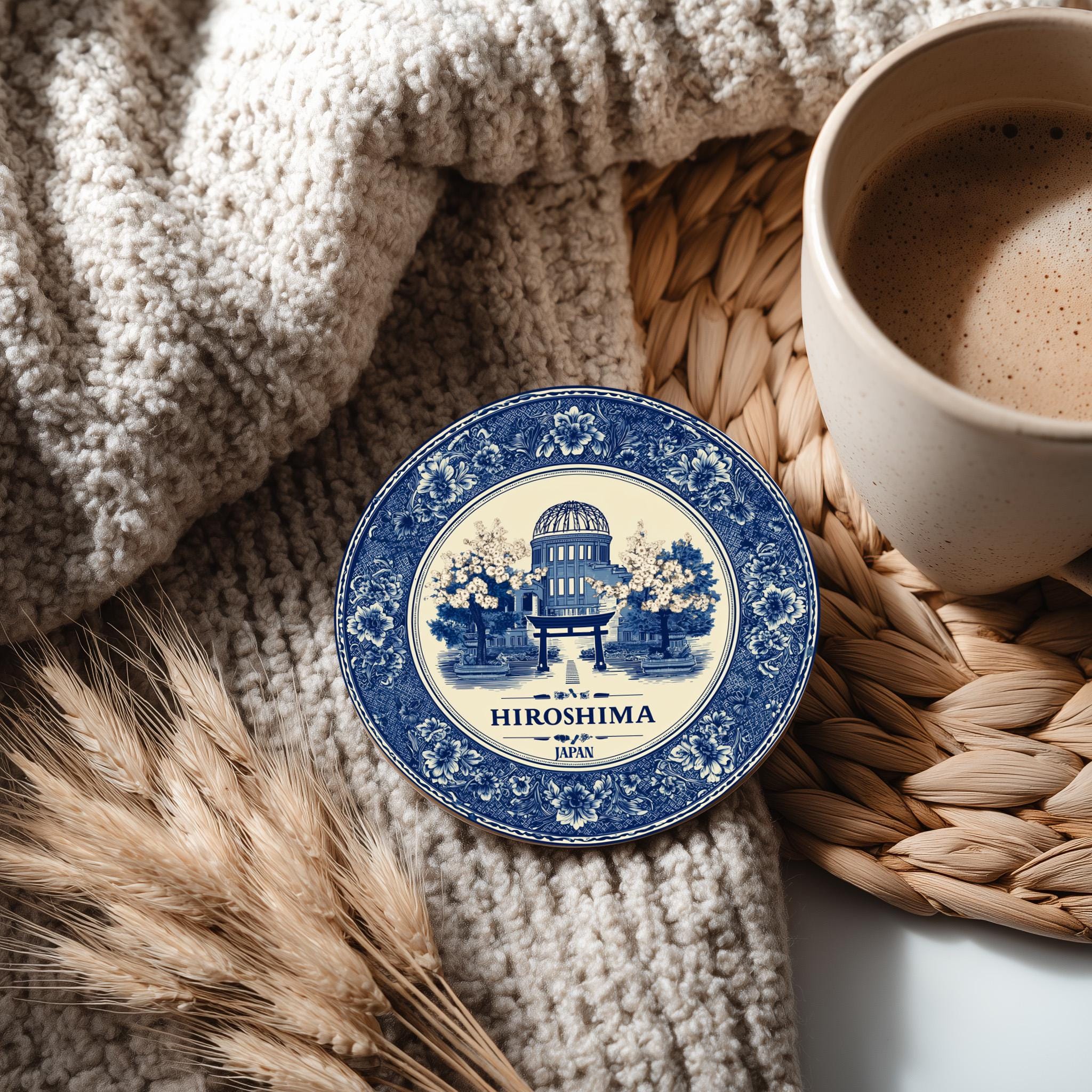 Hiroshima Japan Delftware Ceramic Coaster, Blue White Travel Gift, Vintage Home Decor Collectible - CuteBeePix