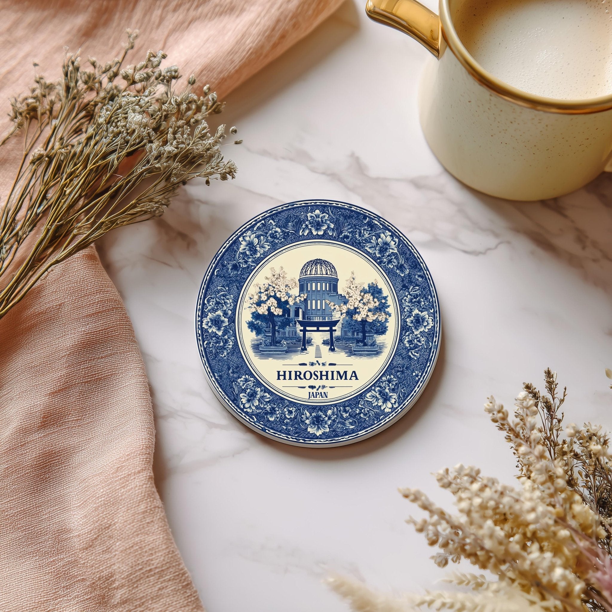 Hiroshima Japan Delftware Ceramic Coaster, Blue White Travel Gift, Vintage Home Decor Collectible - CuteBeePix