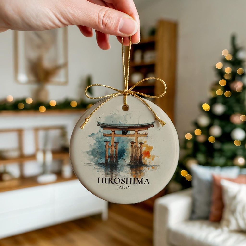 Hiroshima Japan Personalized Watercolor Ornament, Custom Ceramic Christmas gift, Travel Keepsake - CuteBeePix