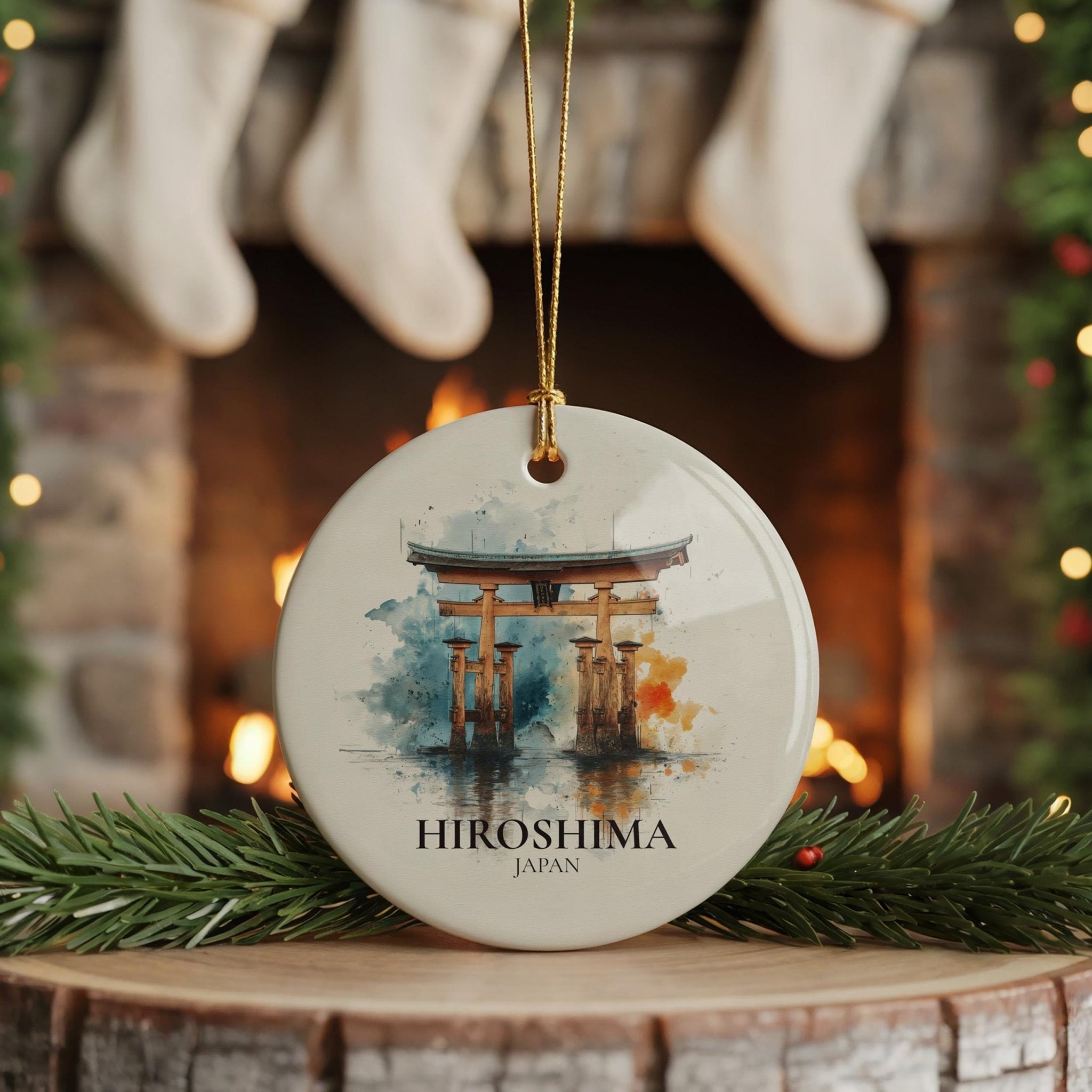 Hiroshima Japan Personalized Watercolor Ornament, Custom Ceramic Christmas gift, Travel Keepsake - CuteBeePix