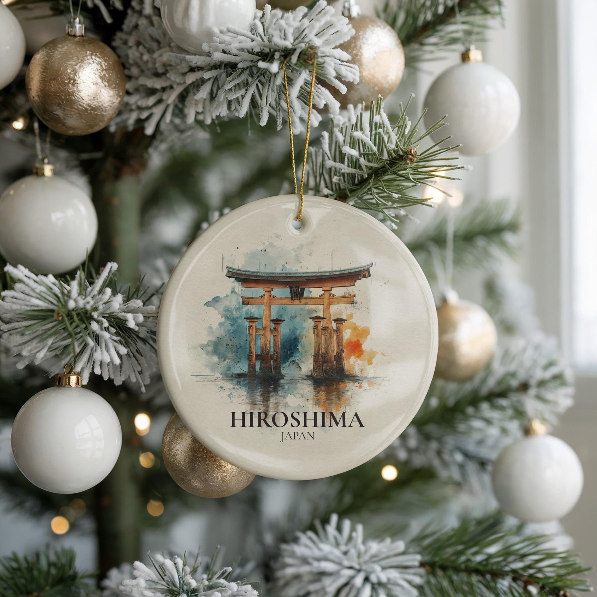 Hiroshima Japan Personalized Watercolor Ornament, Custom Ceramic Christmas gift, Travel Keepsake - CuteBeePix