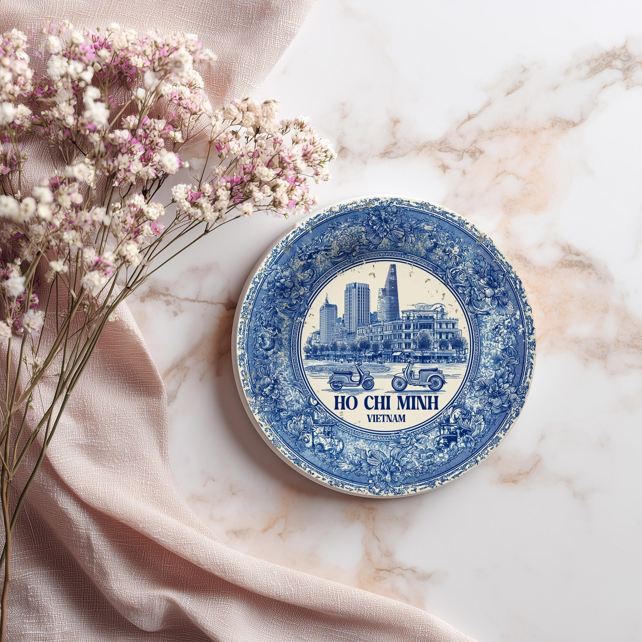Ho Chi Minh City Vietnam Delftware Ceramic Coaster, Blue White Travel Gift, Vintage Home Decor Collectible - CuteBeePix